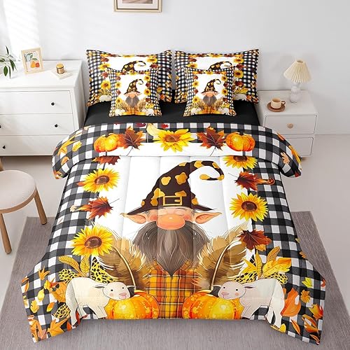 Fall Gnome Comforter Set,7 Pieces Autumn Maple Leaves King Bed in a Bag,Thanksgi