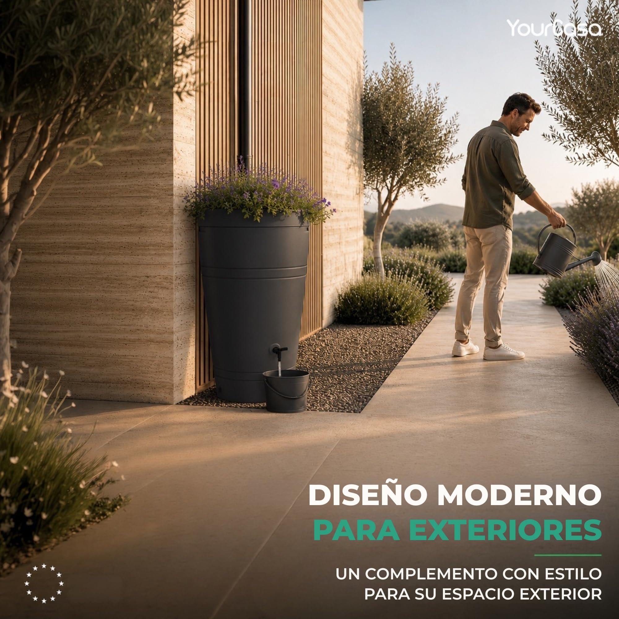 YourCasa Deposito Agua 230 litros [diseño Decore] Barril de Lluvia Resistente a Las heladas de plástico – bidon Agua de Lluvia con Grifo – depósito de Agua para jardín (Antracita)
