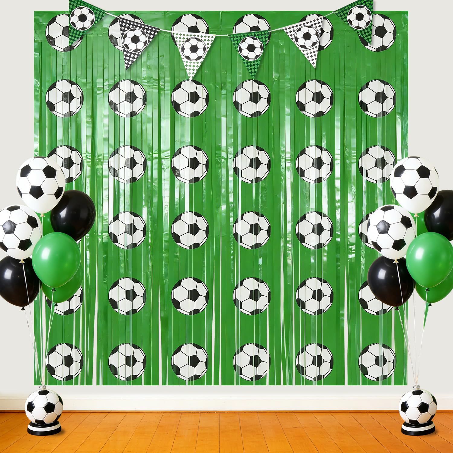 2 Pcs Football Birthday Party Decorations Fringe Curtains, Green Football Tinsel Foil Fringe Photo Backdrop Streamers for Sports Party Decorations, 3.3 x 6.6 ft