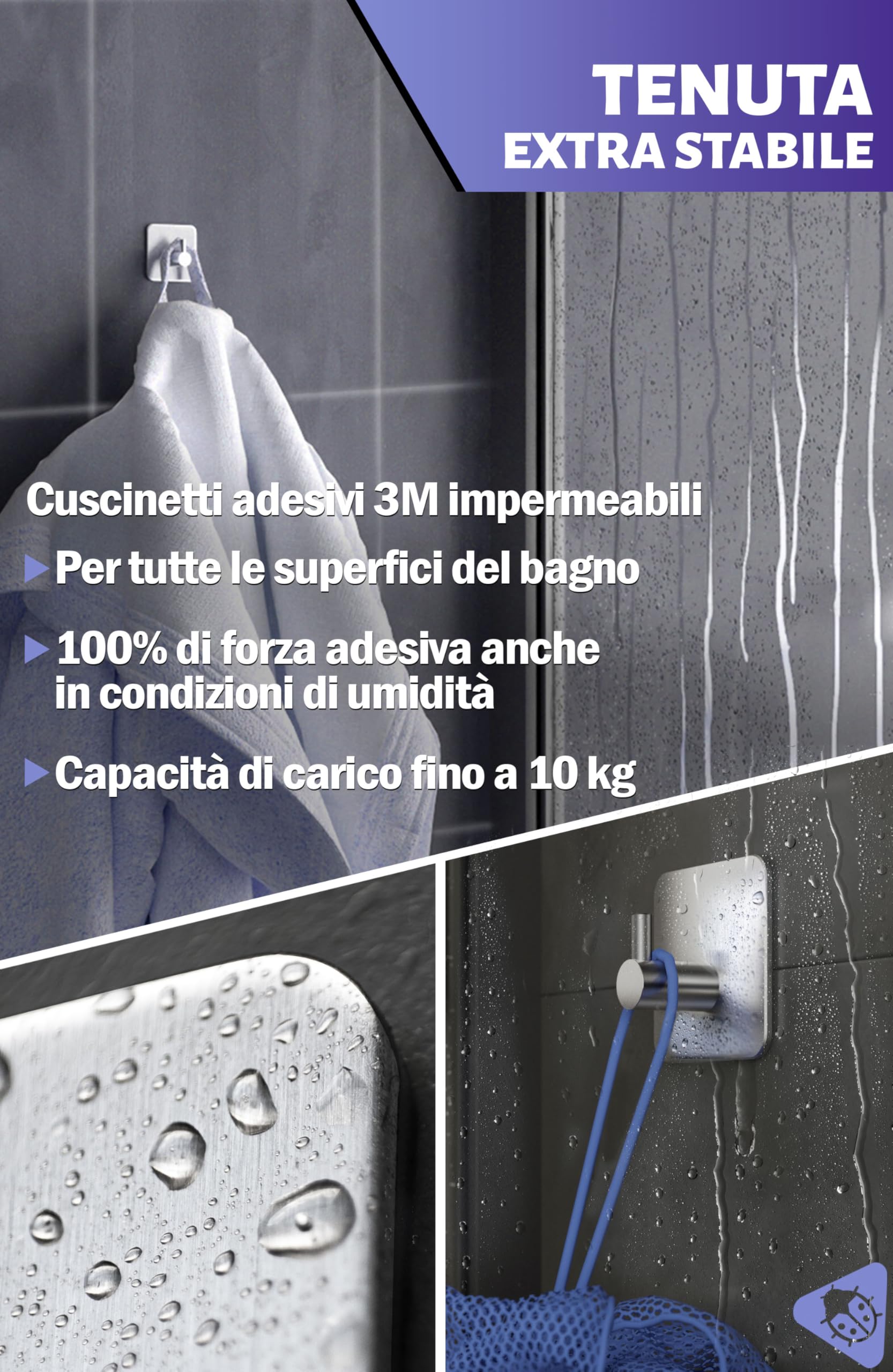 Menz Ganci Adesivi Bagno, Set di 4 - Adesivi Acciaio Inox di Alta Qualità, Appendi Porta Asciugamani Robusti, Appendi Accappatoio Bagno, Impermeabili per Cucina e Pareti, Argento