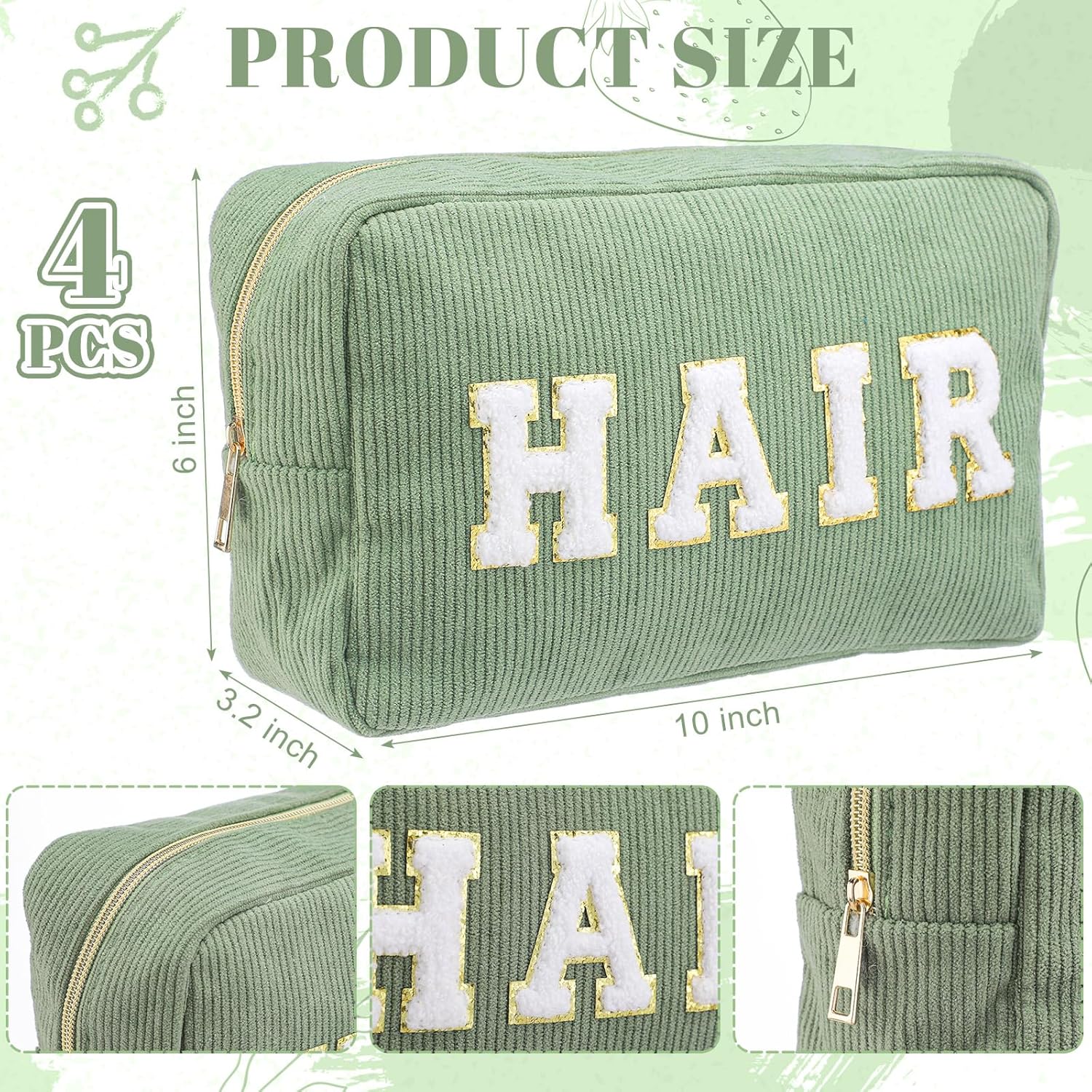 Pinkunn 4 Pcs Preppy Makeup Bags Chenille Letter Travel Organizer Face Skin Hair Stuff Corduroy Cosmetic Hygiene Toiletry Pouch with Zipper Wedding Birthday Gifts for Women(Sage Green Series Color) - Image 2