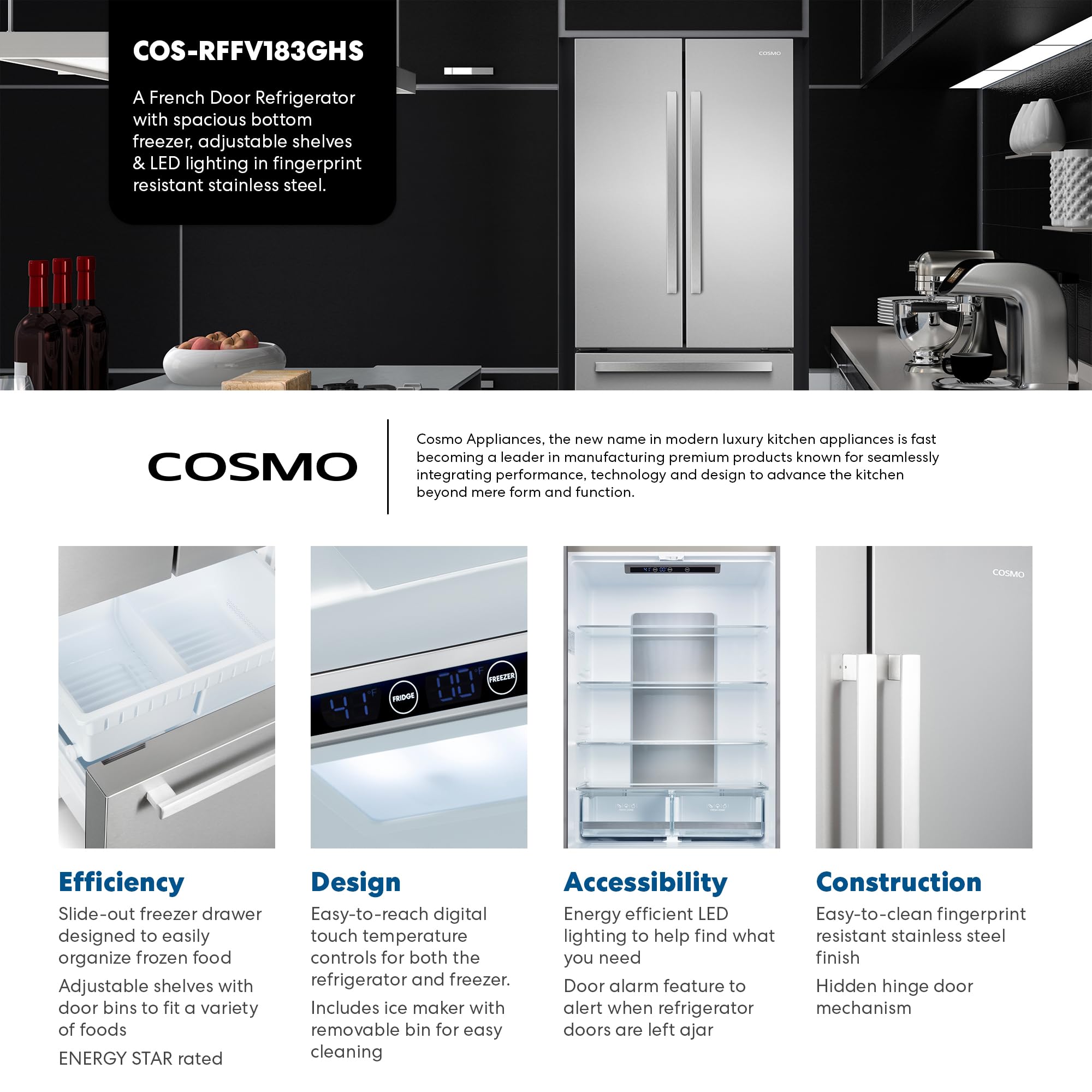 Cosmo Cos-Rffv183ghs 30 In. Vista Collection 17.5 Cu. Ft. Counter Depth 3-Door French Door Refrigerator, Freezer Drawer, Stainless Steel on Fridge.com - View 3