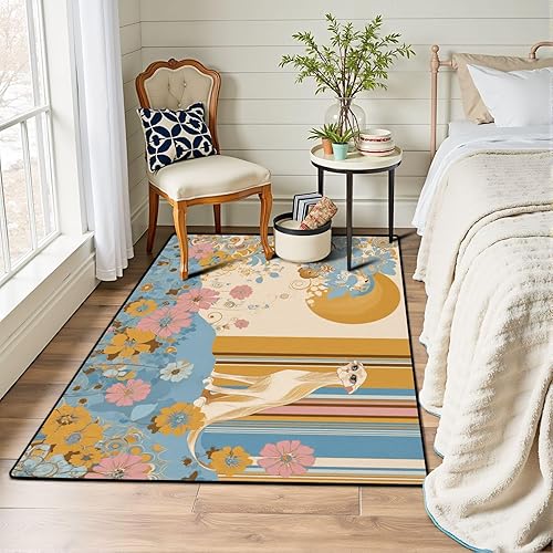 Miniatura 7 de Golden Feline Surrounded by 1970s Inspired Retro Designs Pastels Area Rug Outdoor Patio Rug Play Mat Modern Floor Carpet Non-Slip Home Decor Living