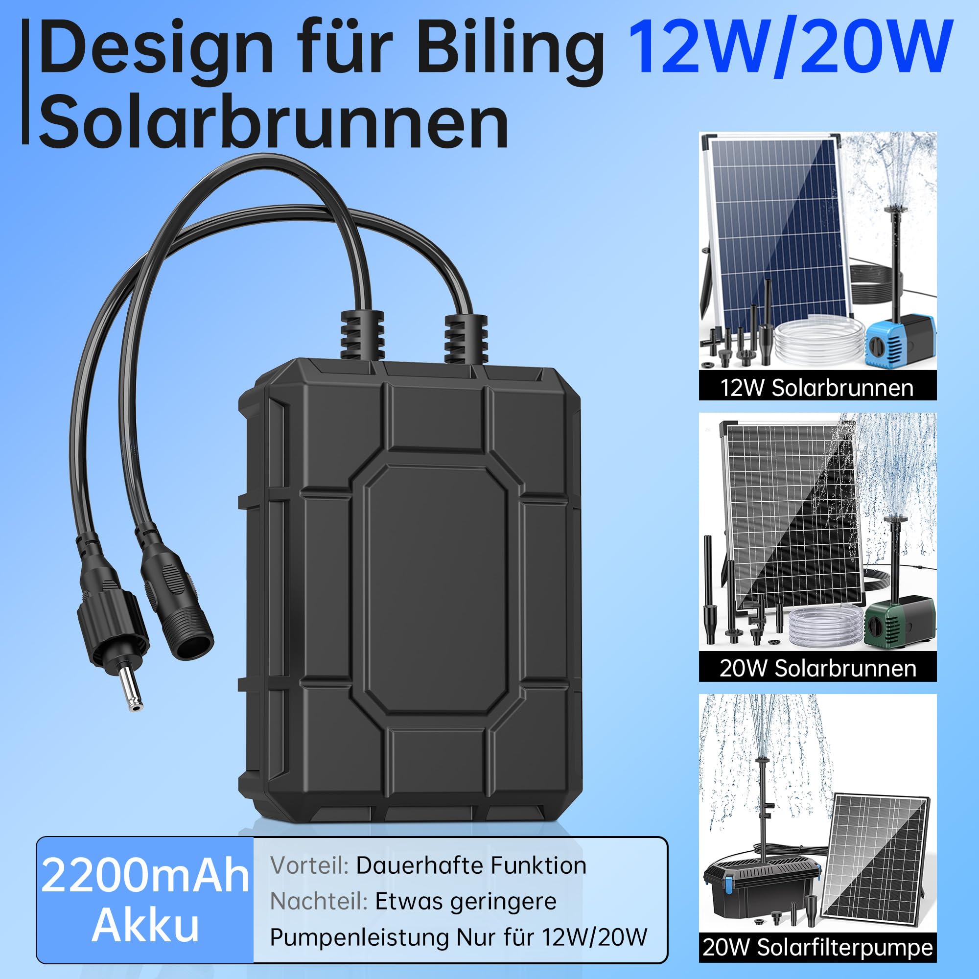 Biling Backup batteria da 2200 mAh per pompa solare per laghetto da 12 W a 20 W, filtro solare per esterni, rendendo la pompa del filtro più stabile nei giorni nuvolosi