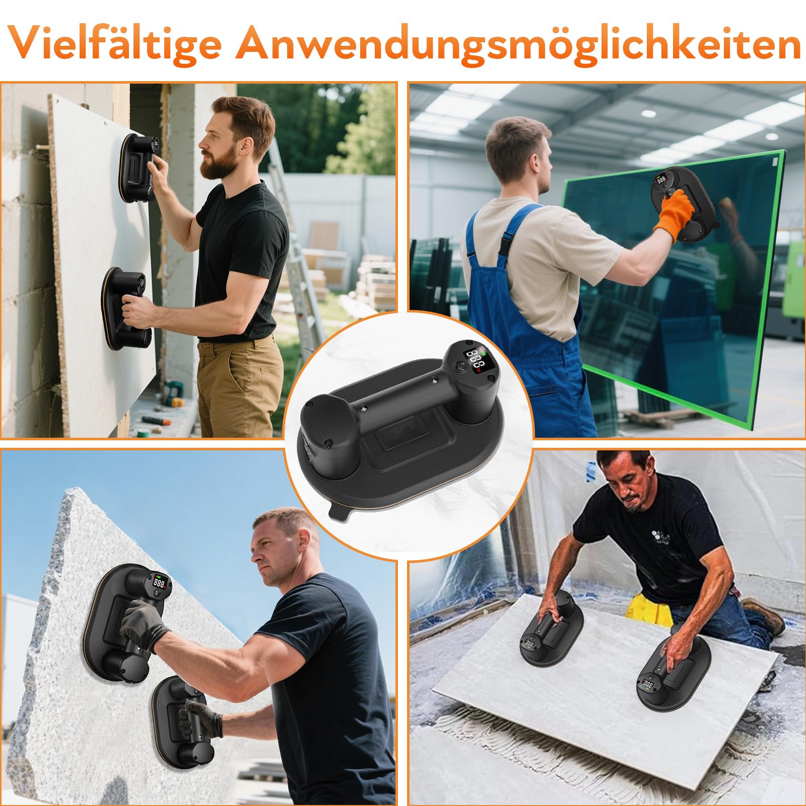 2 Stück Akku Saugheber, 300kg Saugkraft Saugheber Fliesen Akku mit Doppelmotor, LCD-Display, 4000 mAh integrierter Lithium-Ionen-Akku, Durchmesser 24 cm, Saugheber Akku für Fliesen, Glas, Marmor