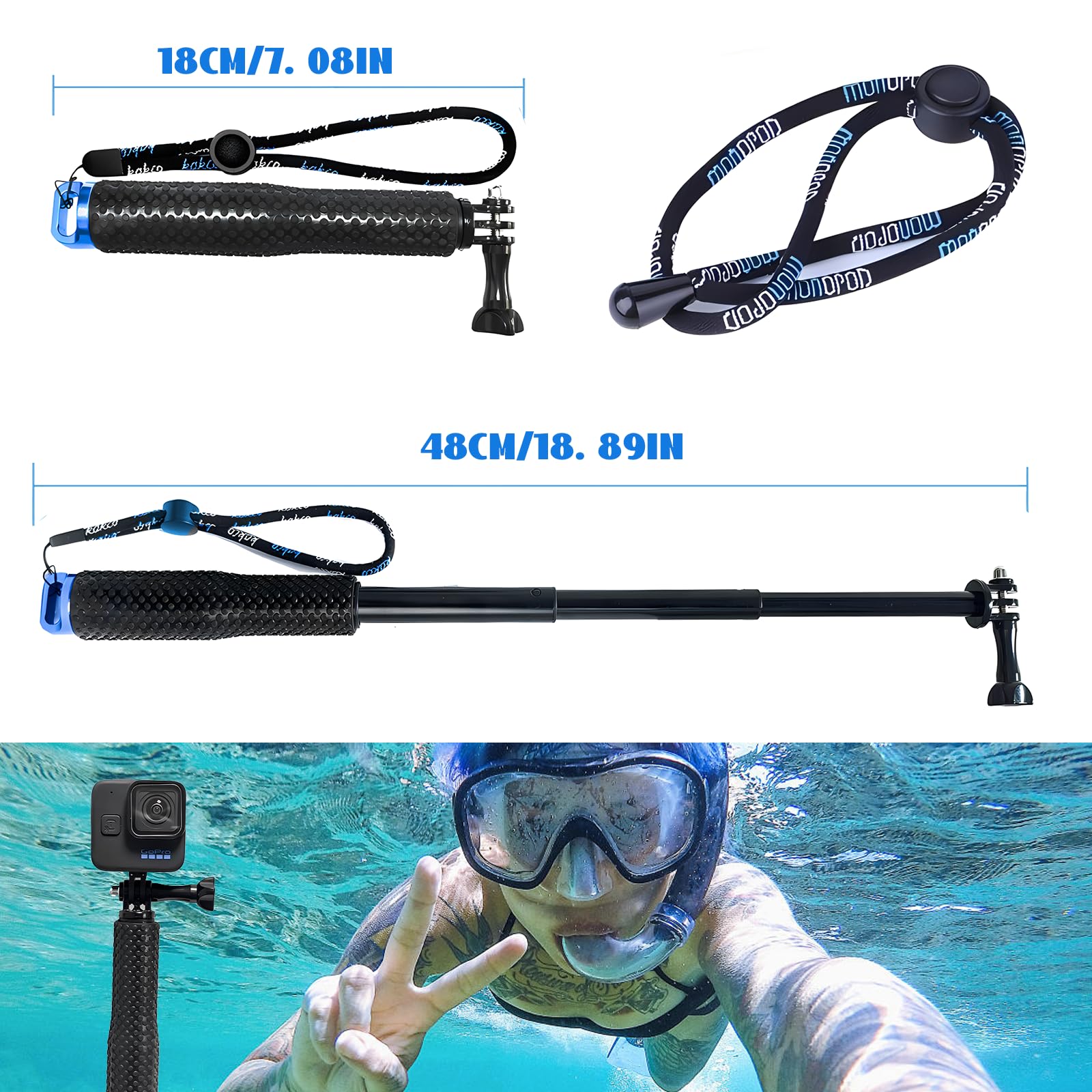19-49 cm Stick Selfie étanche, Telescopic Pole, Bâton de Selfie étanche en Aluminium Caoutchouté Extensible, Adapté pour GoPro3 + / 4/3/2/5, 19 Pouces, pour plongée, l'escalade, Plein air, Surf