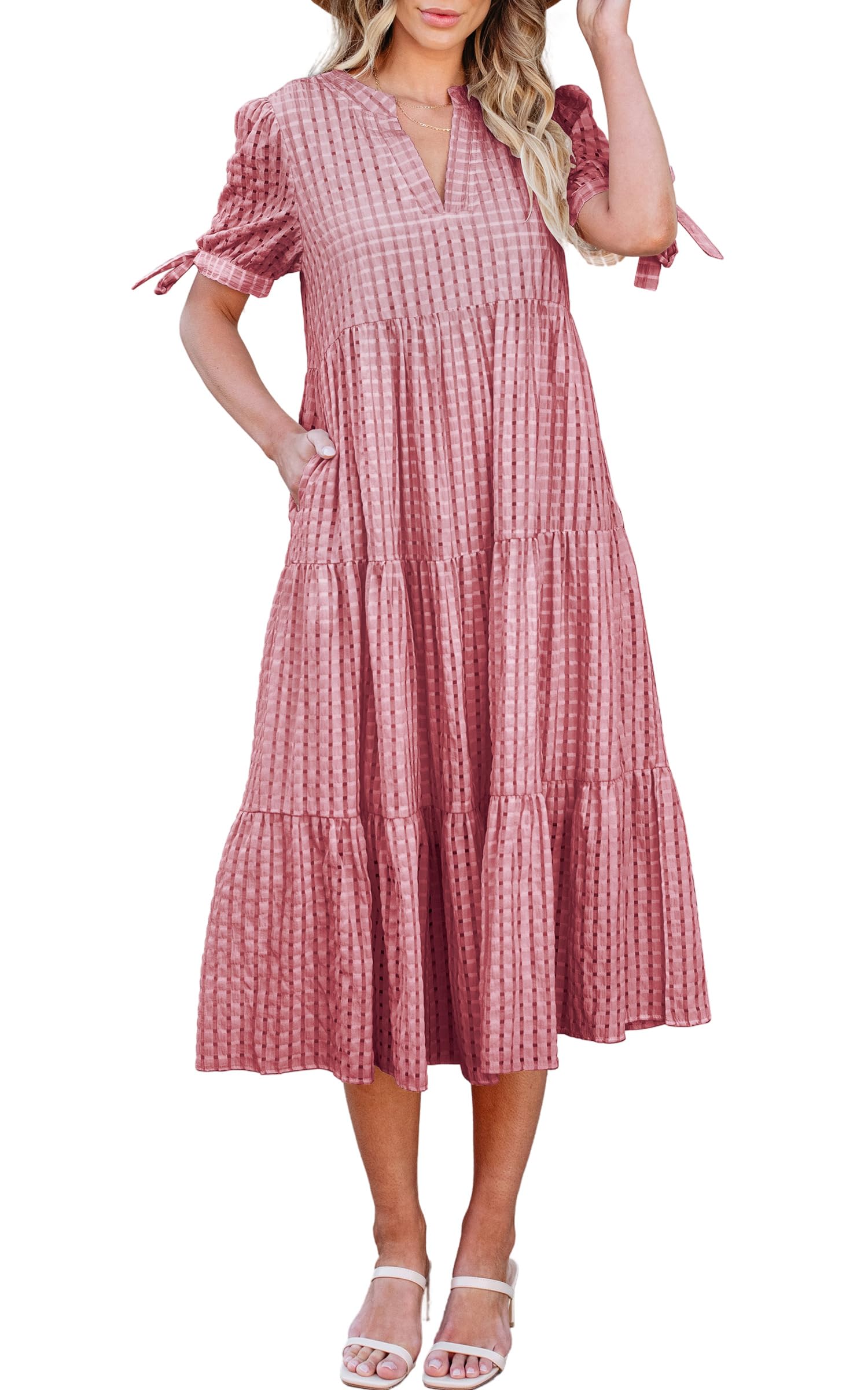 ECOWISH Women Summer Casual Dress - V Neck Short Sleeve Gingham Midi Pleated Tiered Loose Fit Holiday Picnic Dresses