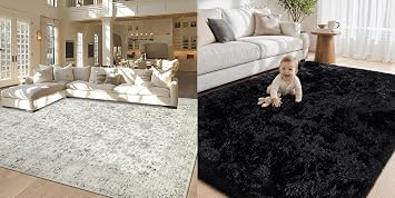 Tosuoka 9x12 Vintage Washable Gray Area Rug + 5x7 Black Soft Fulffy Shag Area Rugs for Living Room Bedroom