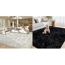 Tosuoka 9x12 Vintage Washable Gray Area Rug + 5x7 Black Soft Fulffy Shag Area Rugs for Living Room Bedroom