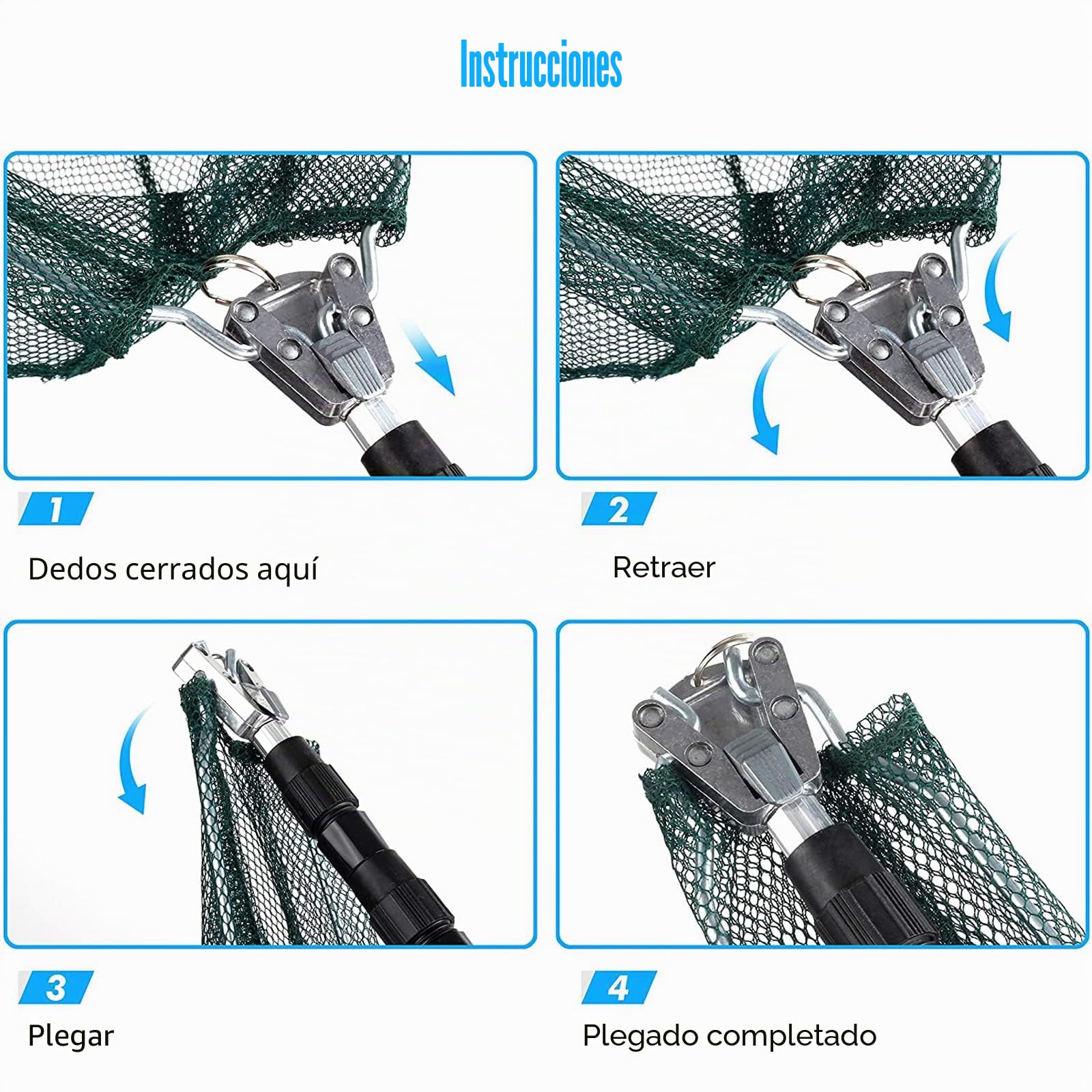 Red de Pesca de Acero Inoxidable Triangular Plegable 1,9 m Mango Telescópico Extensible