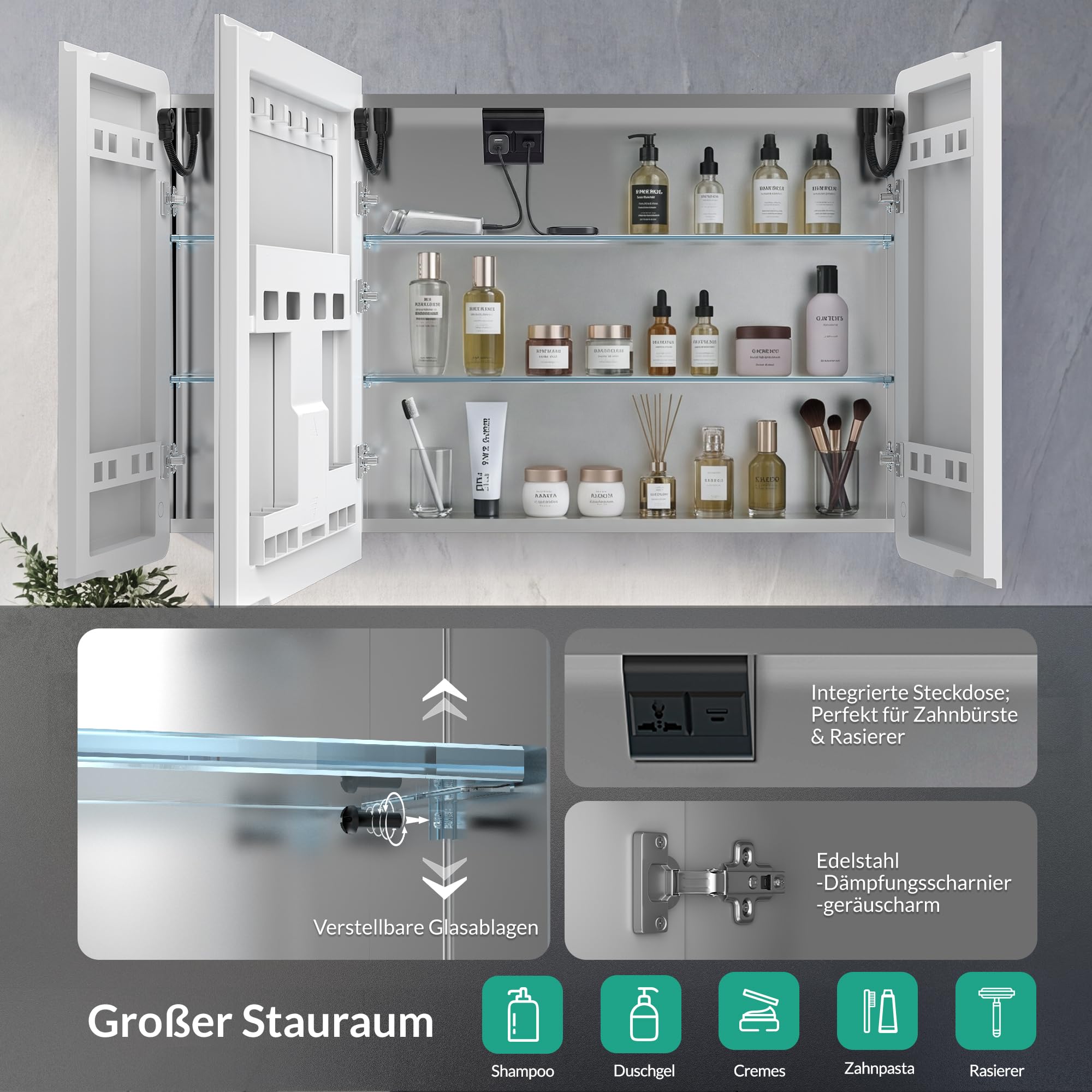 Spiegelschrank Bad mit Beleuchtung 110x70x14cm Silberfarben