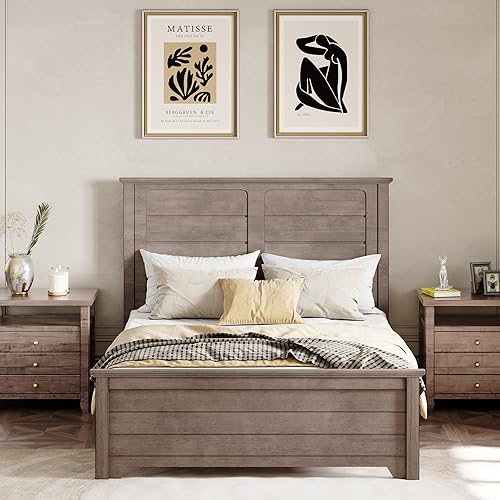 LUSPAZ Full Size Farmhouse Style Platform Bed with Panel Design Headboard and Footboard, Timeless Design Wooden Bed Frame, No Box Spring Needed, Perfect for Apartments, Bedrooms, Ash Brown