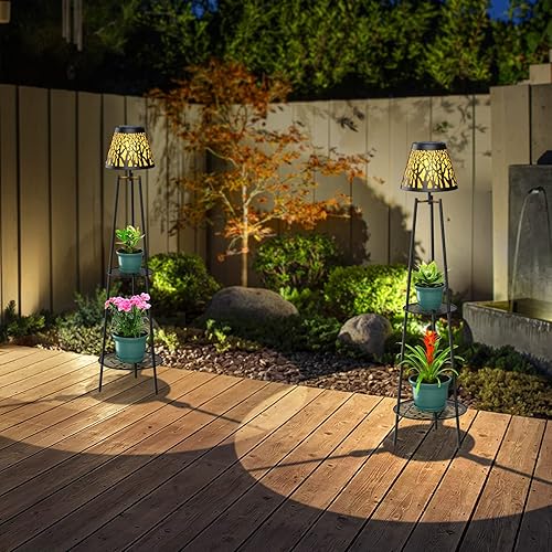 Miniatura 9 de MXwcy Paquete de 2 Luces Solares de Piso de Metal para Exteriores con Soportes para Plantas, 45.5'' Luces de Calle Alimentadas por Energía Solar,