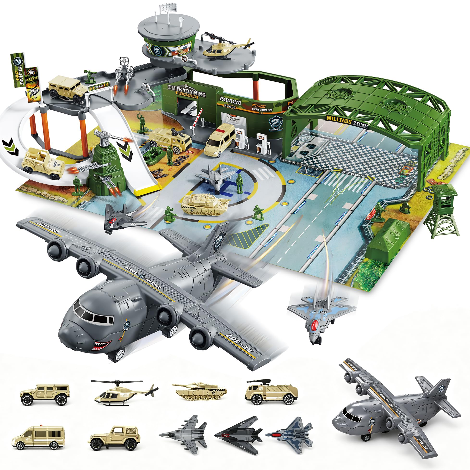 Gioco di base militare con torre di comando, carri armati, elicotteri e aerei, giocattolo educativo per bambini dai 3 anni