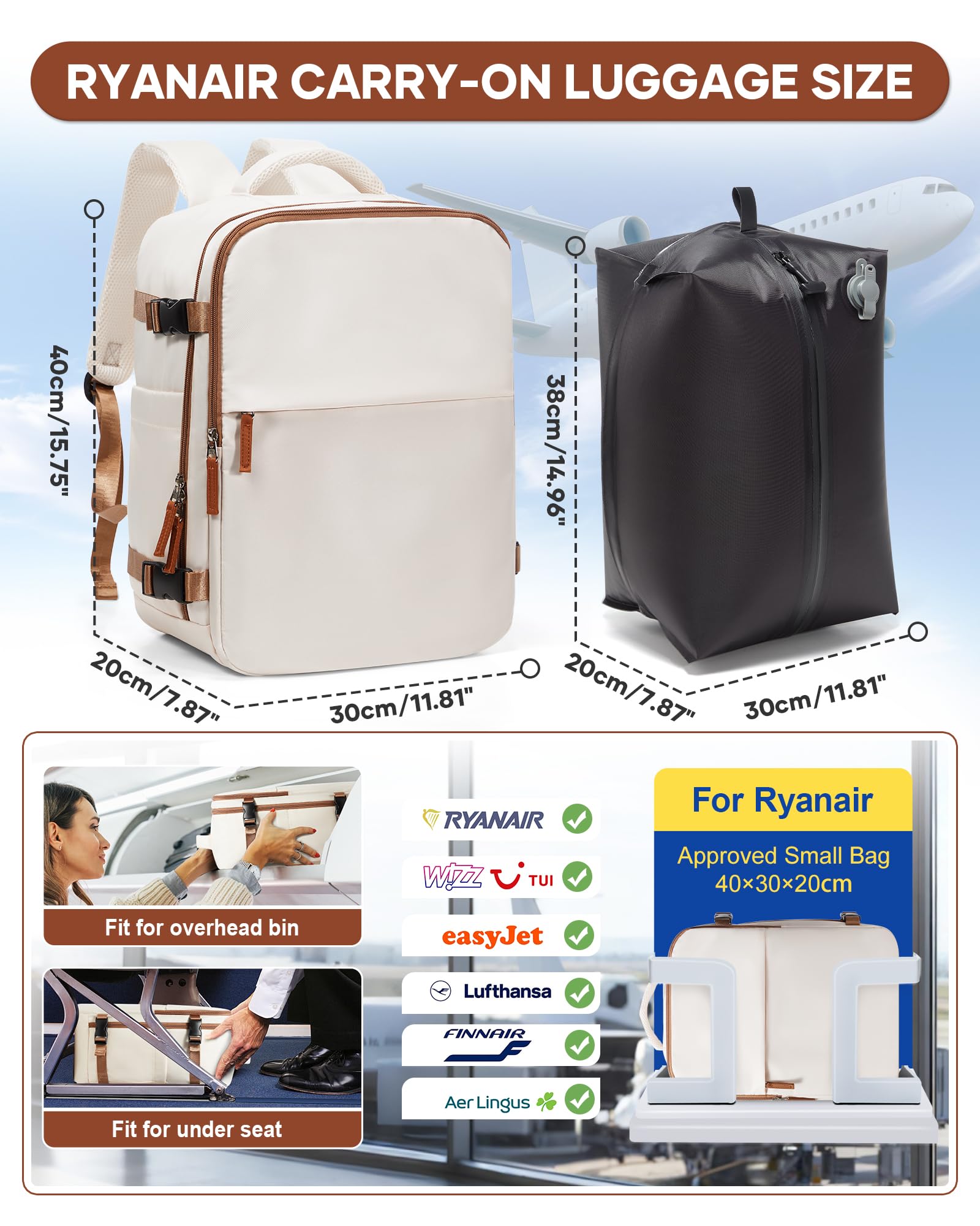 BJLFS Zaino da Viaggio con Sottovuoto Ryanair 40x30x20 Wizzair Bagaglio a mano 40x20x25 Ryanair con Pompa Borse da Cabina per Easyjet 45x36x20 con compressione sottovuoto,Zaino Casual per Laptop