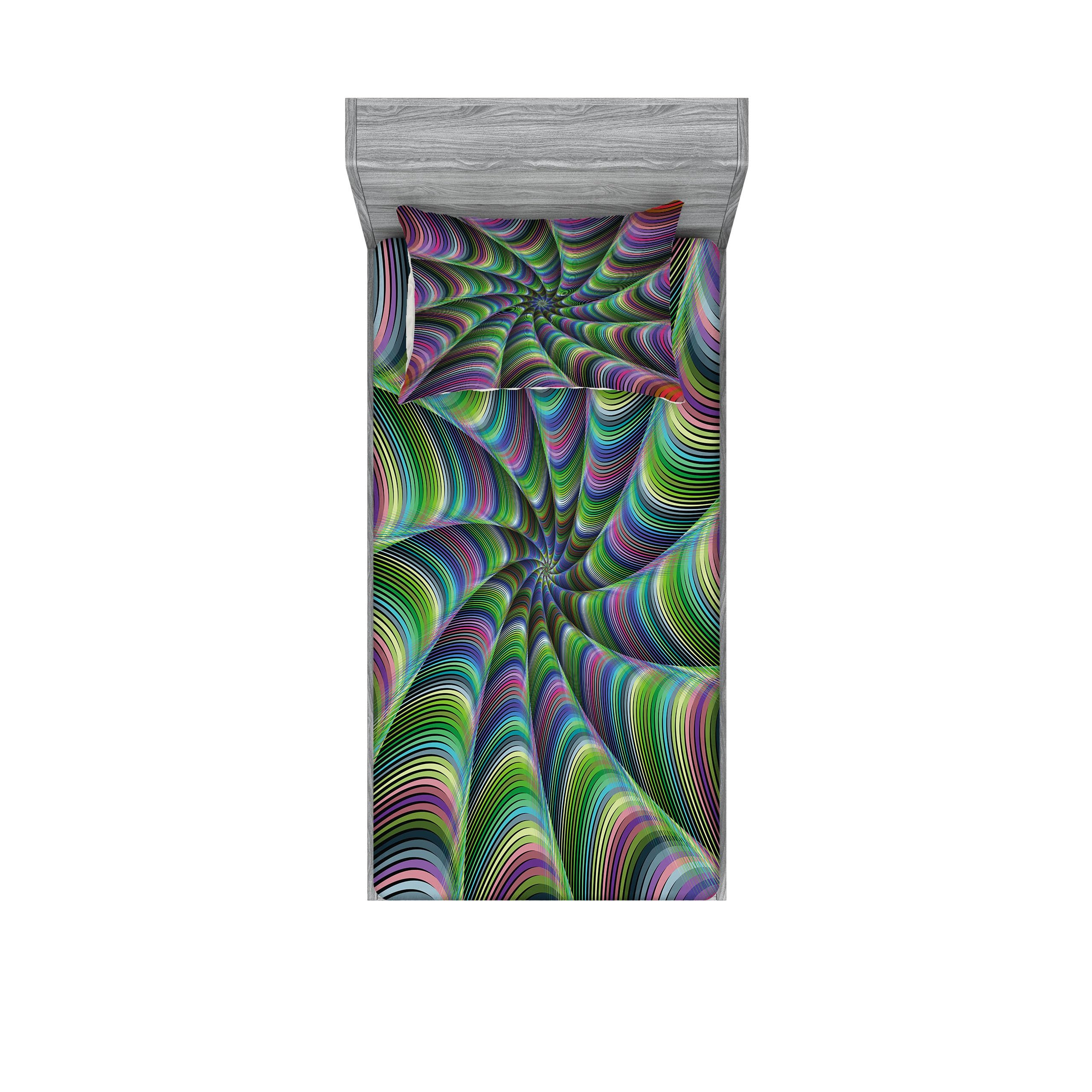 Ambesonne Fractal Fitted Sheet & Pillow Sham Set, Psychedelic Tentacles Converging into Flower Form Infinity Spinning Focus Design, Decorative Printed 2 Piece Bedding Decor Set, Twinxl, Green Purple