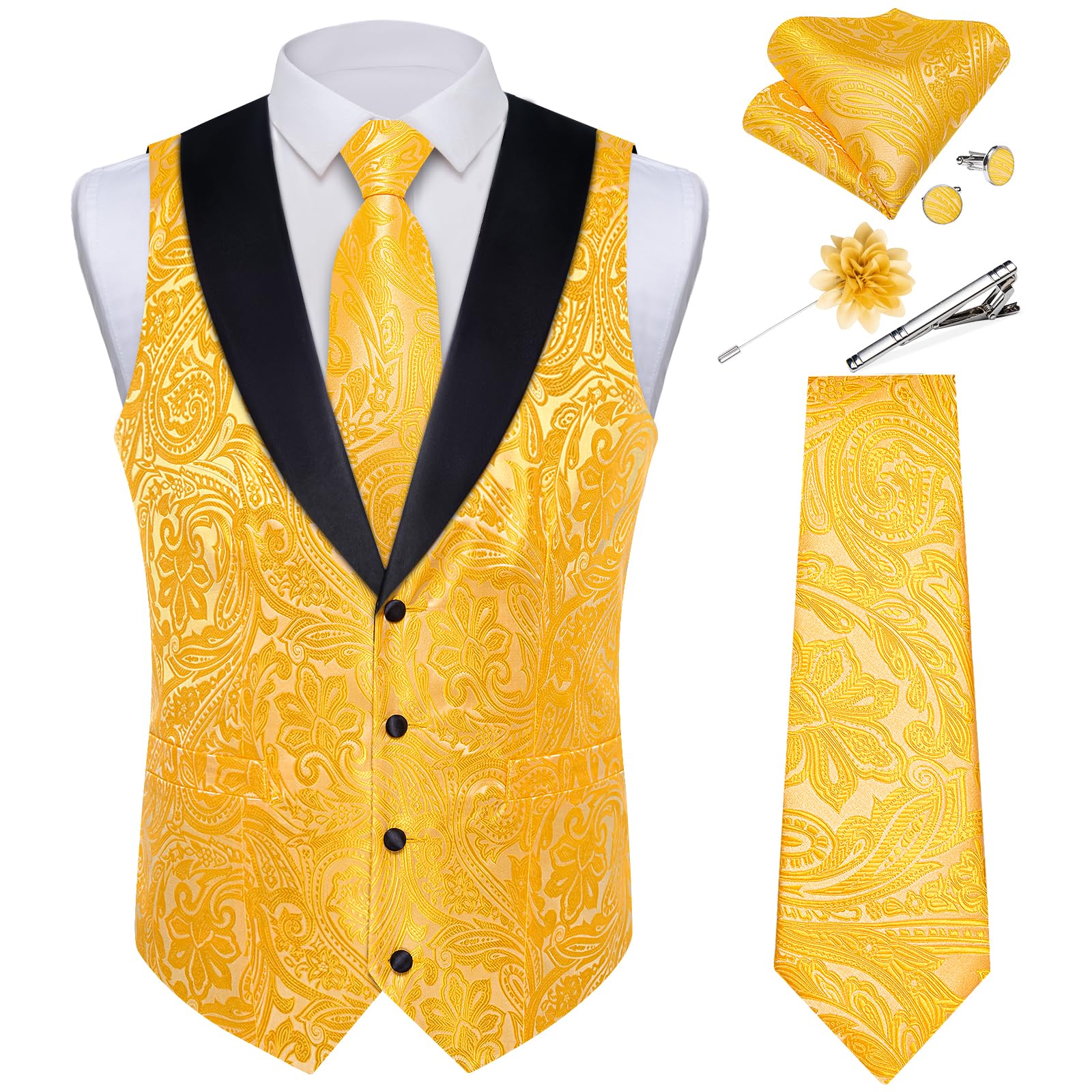 DiBanGu Mens Paisley Suit Vest Silk Jacquard Waistcoat and Necktie Set Formal Shawl Collar Dress Vest 7PCS for Wedding Party