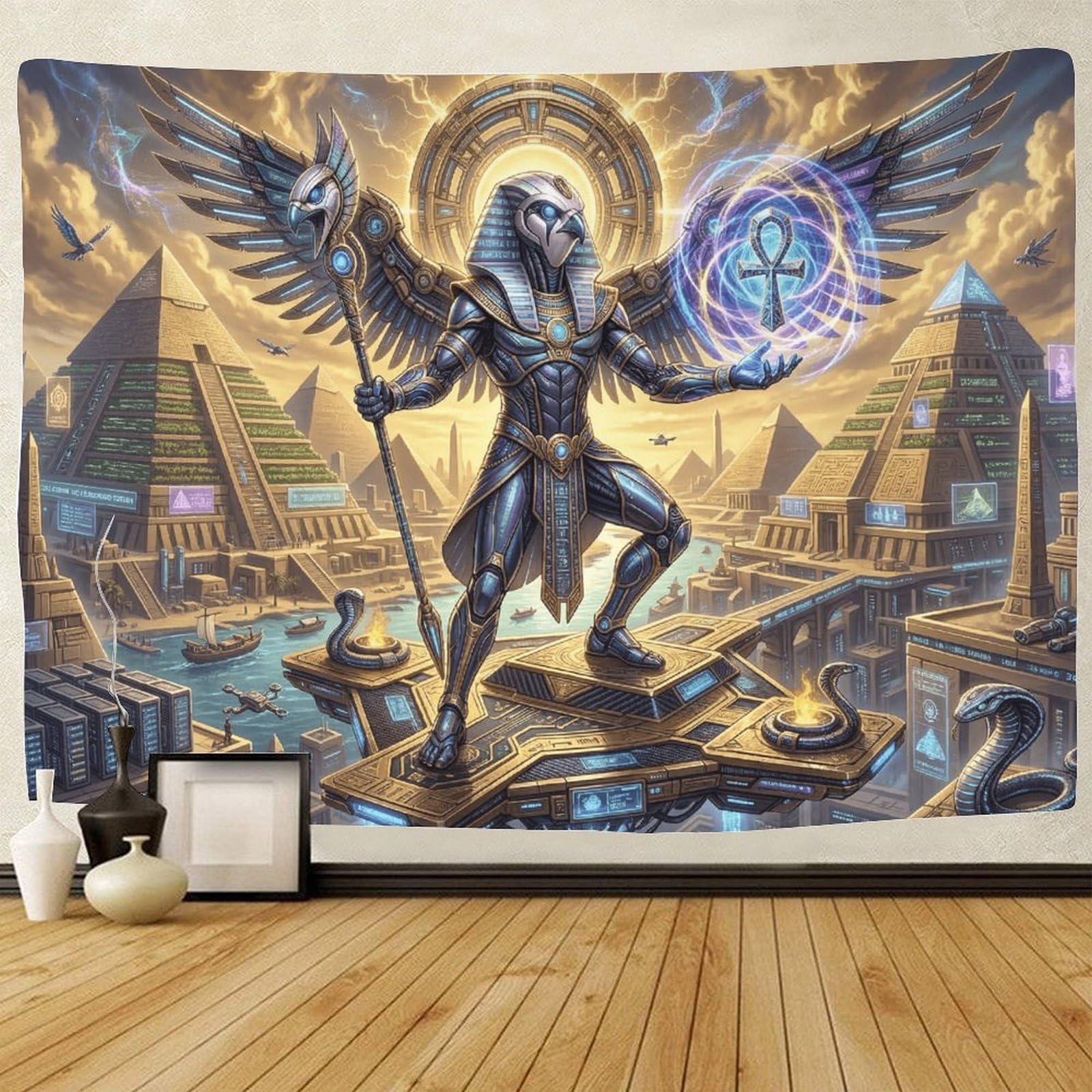 GPMNBCXZK Egyptian Horus Wall Tapestry Futuristic Pyramid Style Decor Art 3D Printed for Bedroom Living Room Home 180cmx230cm