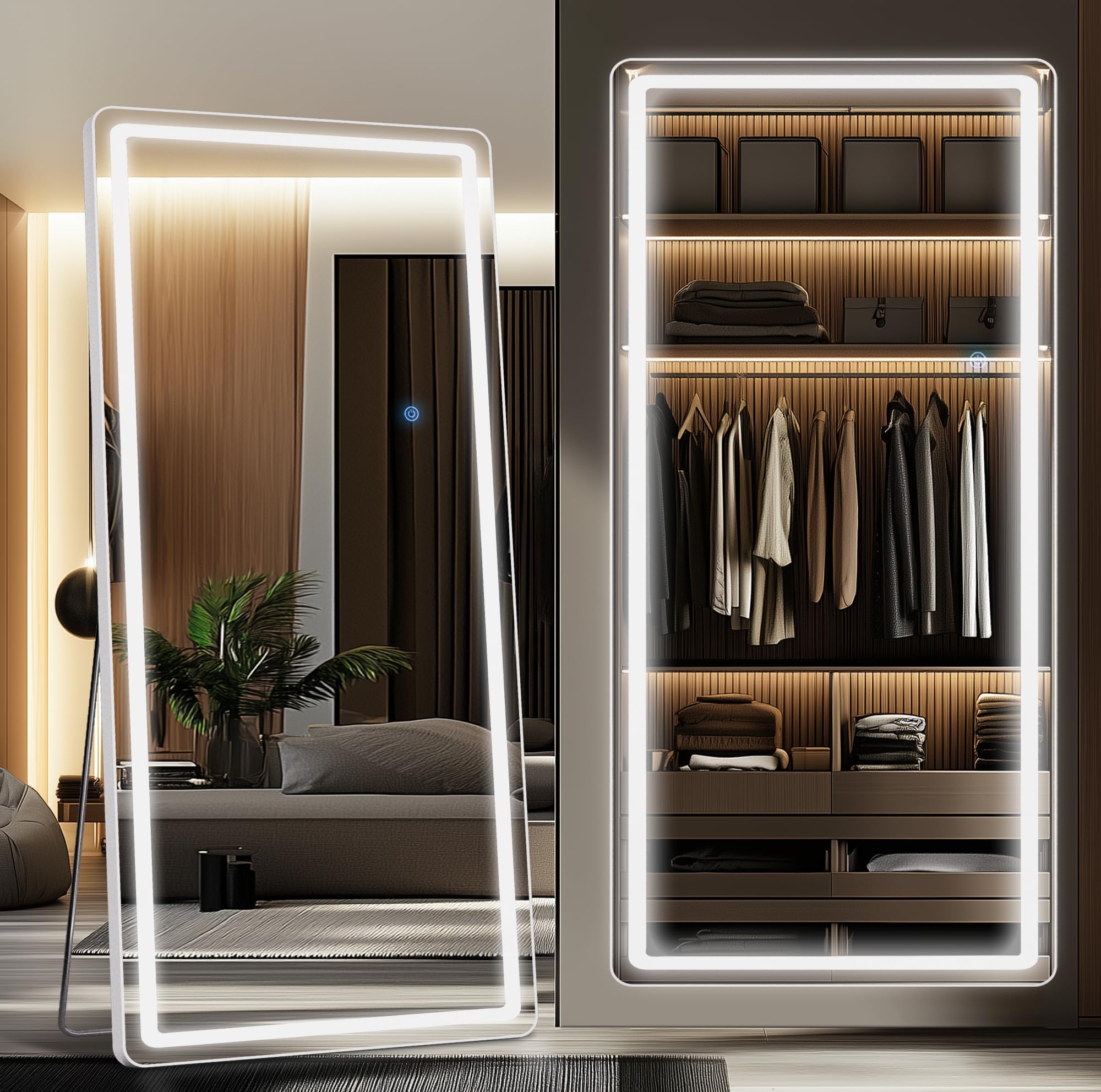 Antok LED Full Length Mirror, 71" x 28" Lighted Floor Standing LED Mirror Full Length,Hanging Mirrors with Stand Free Standing Floor Mirrors for Bedroom (Rect): 76"L x 34"W Rect Style White