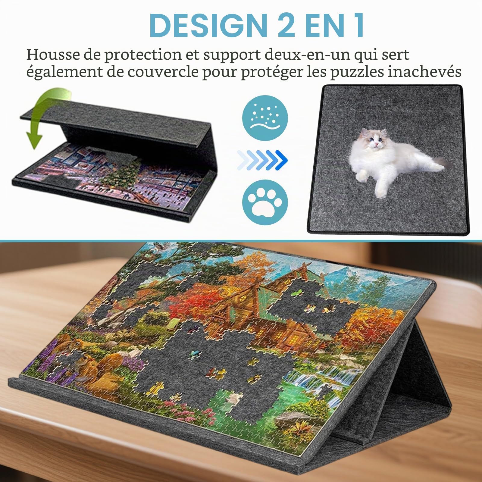 Planche à puzzle pliable, 1000 pièces, avec support et couverture inclinable 2 en 1, avec 6 trieurs, rangement de table de puzzle, cadeau pour enfants et adultes, 81 x 56 cm