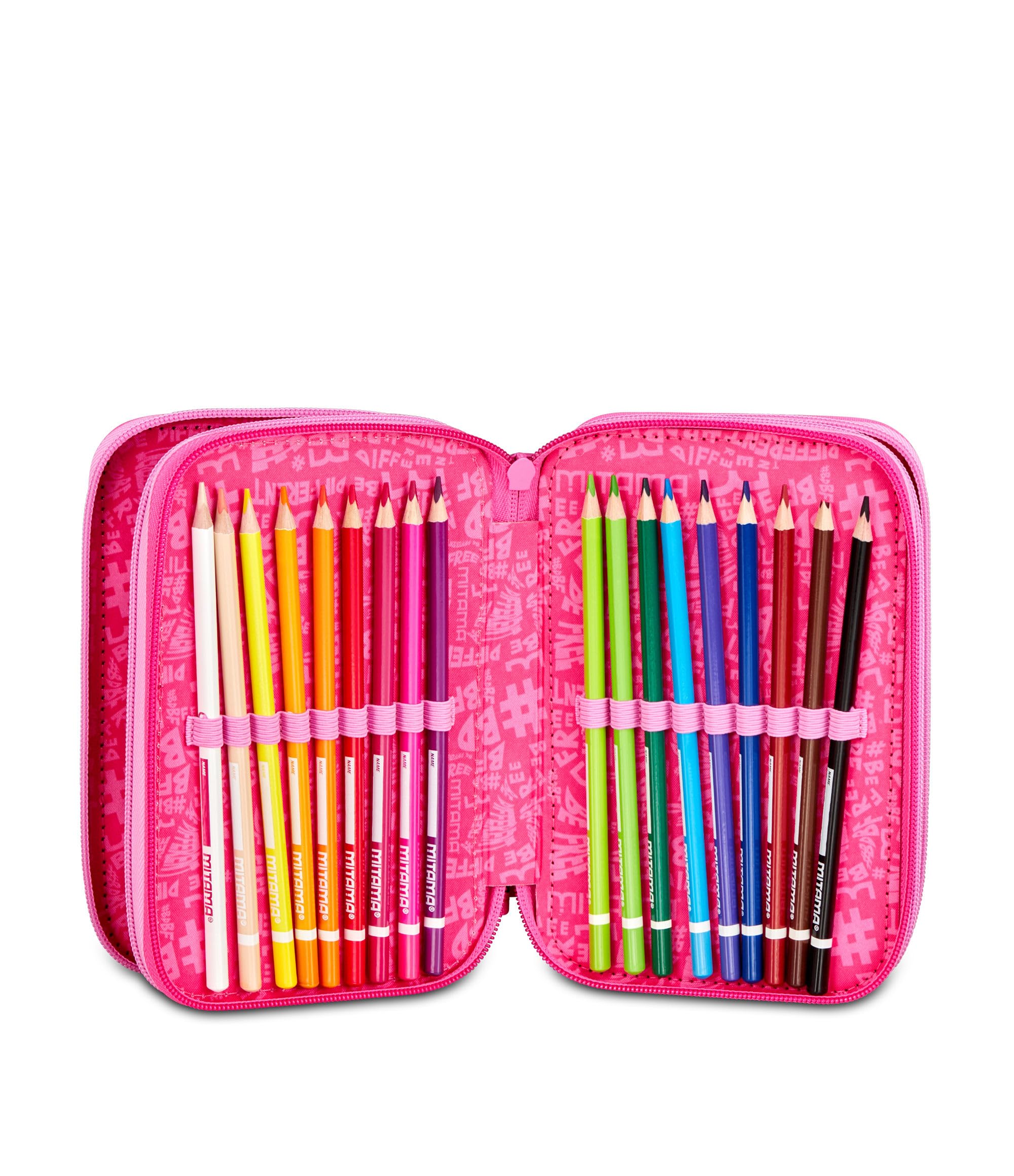 Mitama Trousse scolaire 3 compartiments, triple FURRYPINK, contenu 47 pièces, avec crayons, marqueurs, porte-stylo école primaire fille