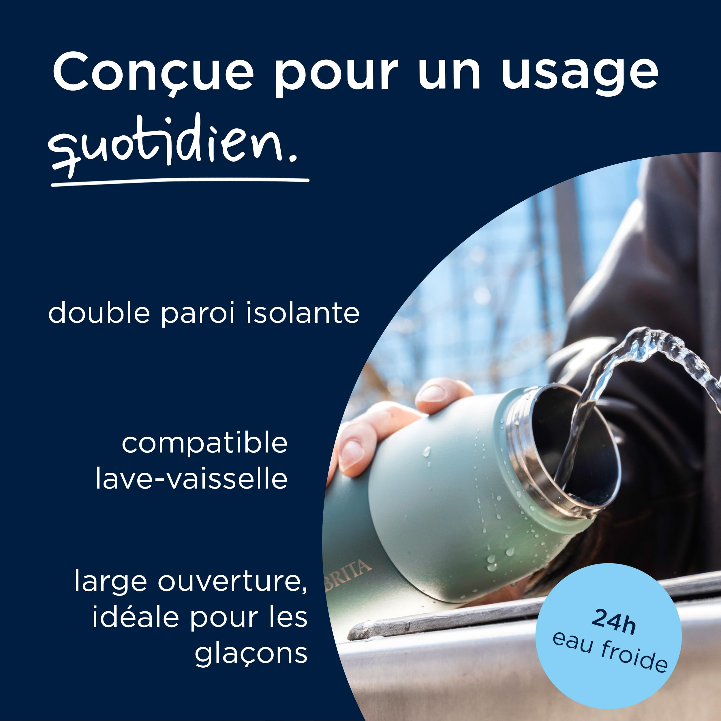 BRITA LARQ Essential gourde isotherme Blache (680 ml) en acier inoxydable avec paille intégrée, double paroi isolante,(conserve l'eau froide 24h), poignée amovible soft-touch