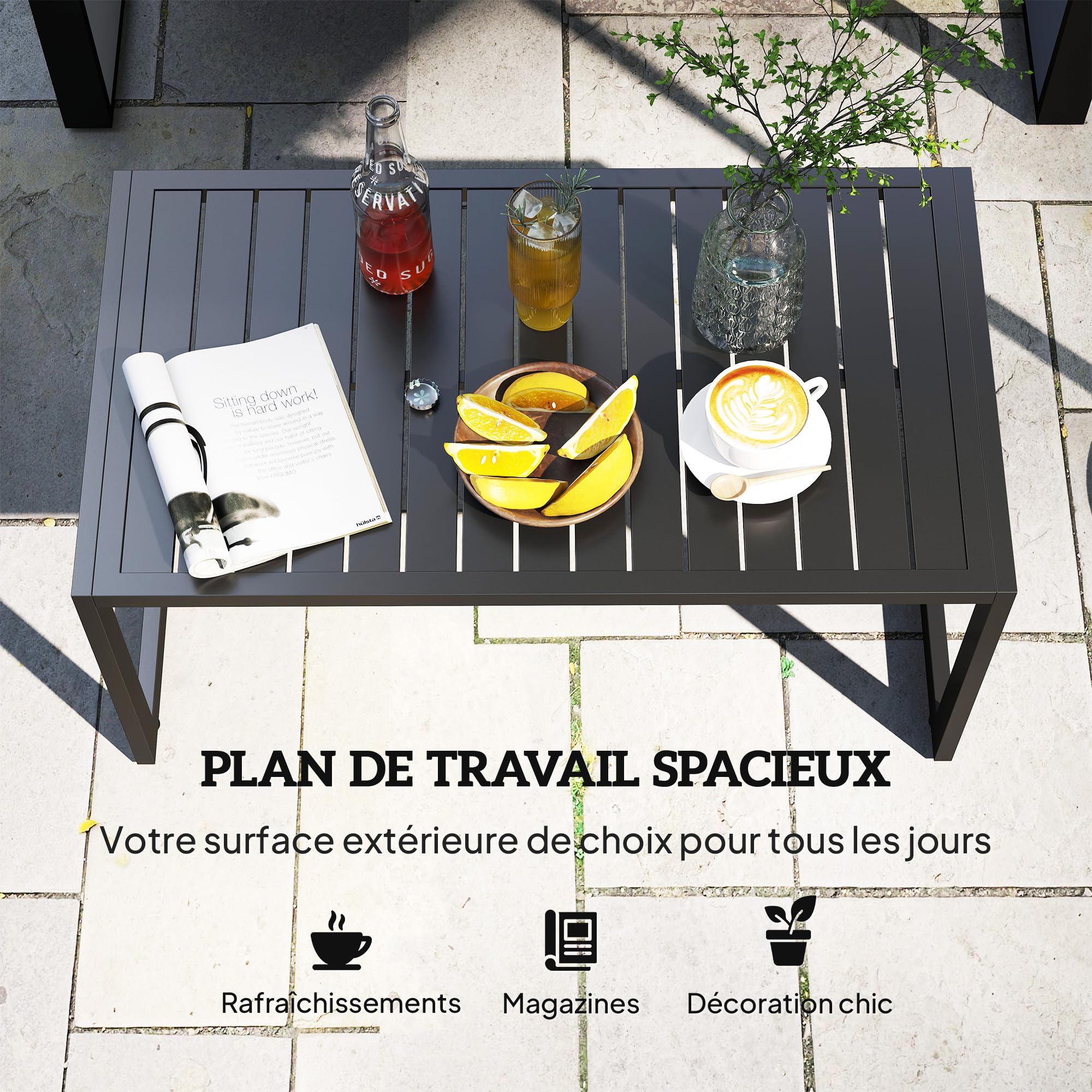 Outsunny Mesa de Centro para Exterior Mesa de jardín con Tablero de Listones, Estructura de Aluminio, para balcón, Patio, terraza, 90 x 50 x 42 cm, Negro