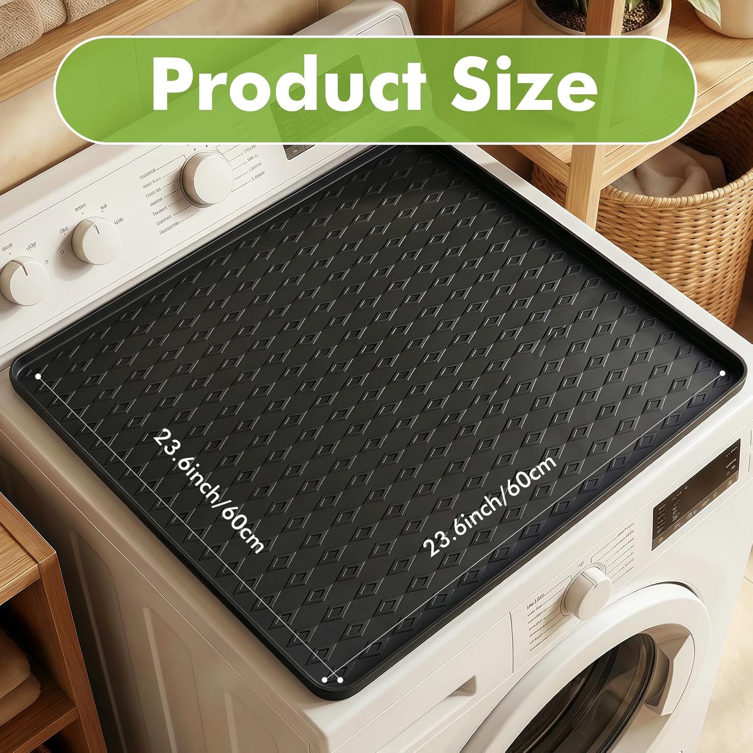 23.6 ''x23.6 ''Washing Machine Drain Pan Silicone Fridge Mat with Raised Edges, Non-Slip Washer Drip Tray, Washer and Dryer Top Protector Mat for Refrigerator Prevent Water Leakage Floor Damage,Black
