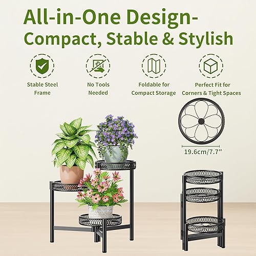 Miniatura 5 de Soporte de metal de 3 niveles para interiores y exteriores, estante alto de esquina para múltiples plantas, soporte plegable y resistente, soporte