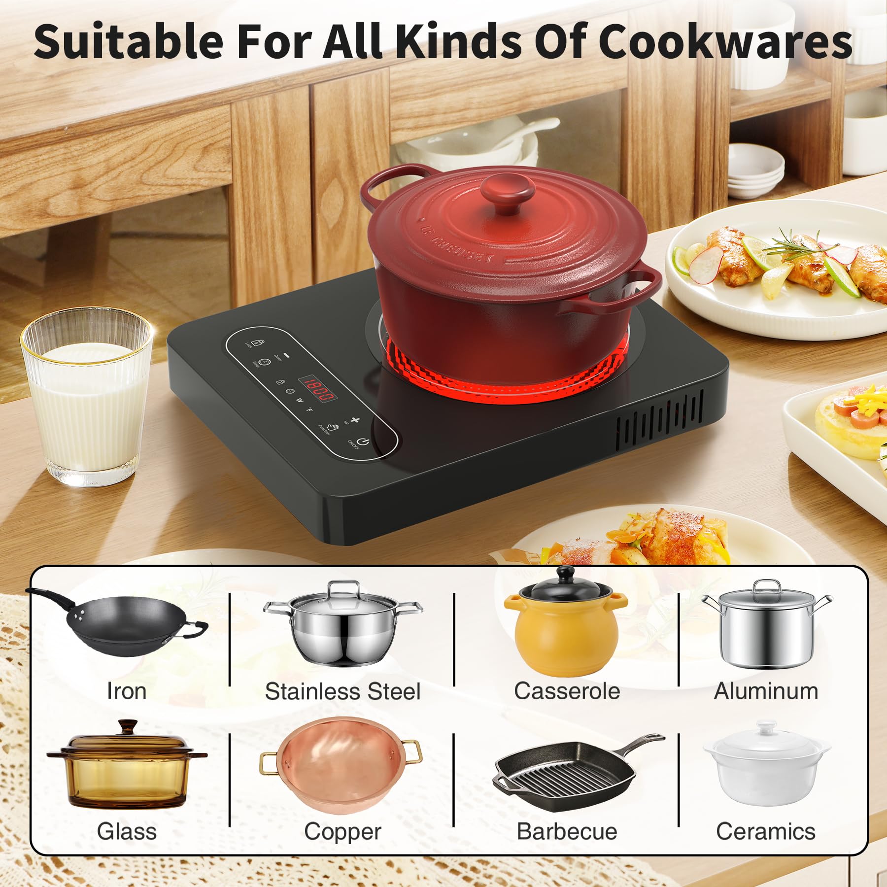 Cocina eléctrica de un solo quemador, estufa eléctrica de 110 V 1800 W con control táctil LED, 10 niveles de potencia, 4 horas, bloqueo de seguridad, cocina portátil, protección contra 5