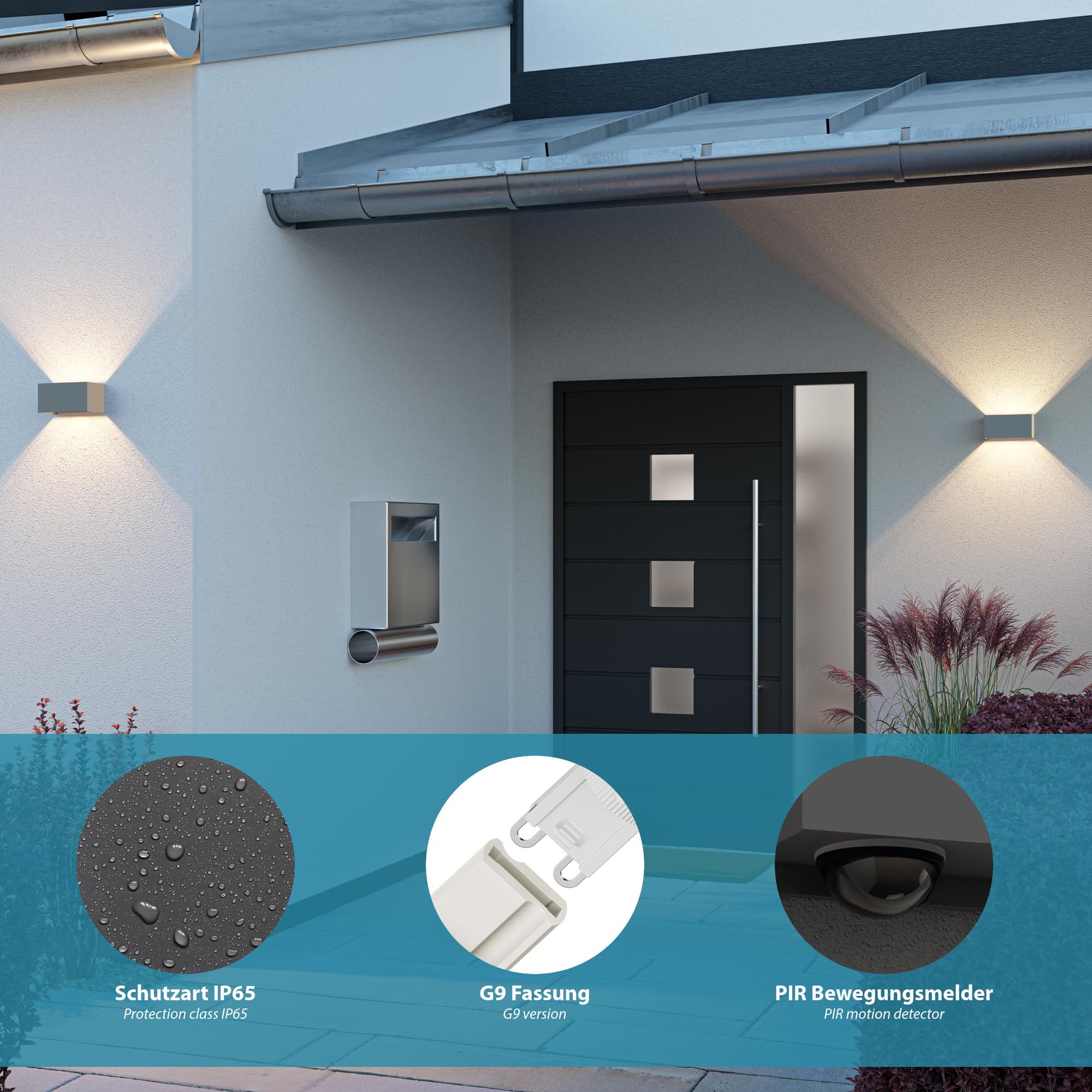 ledscom.de 2x Wandleuchte CUBEL, Dämmerungssensor, Bewegungmelder für außen, IP65, Up-/Downlight, anthrazit, rechteckig, inkl. 2 LED Lampen, je 4,1 W, 501lm, warmweiß