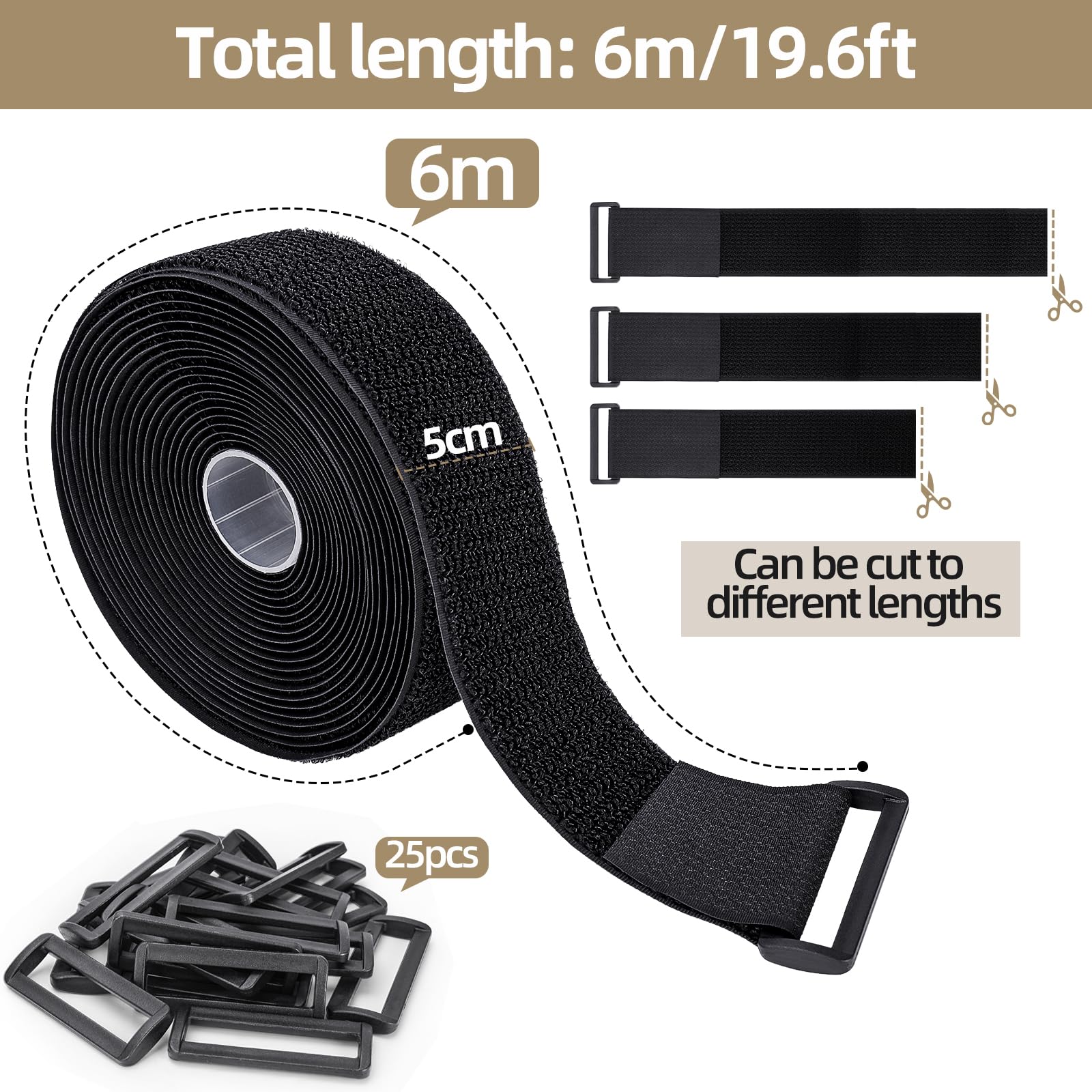 6M x 5CM Fascette Fermacavo con 25 Fibbie, Fascette Fermacavi Riutilizzabili, Cable Management Fascette, Nastro Adesivo a Strappo, Nero Cinghie per Organizzare Cavi, Tubi Flessibili