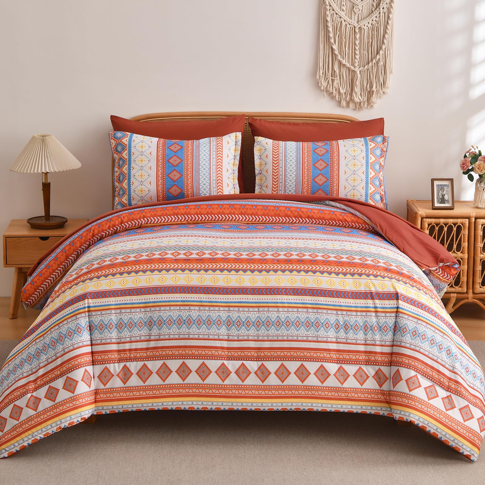 Mybedsoul Burnt Orange Boho Style Striped Comforter Set 7 Pieces, Queen Size Aztec Bed in a Bag, All-Season Bedding Set with Sheets &amp; Pillow Shams, Bohemian Geometric Pattern