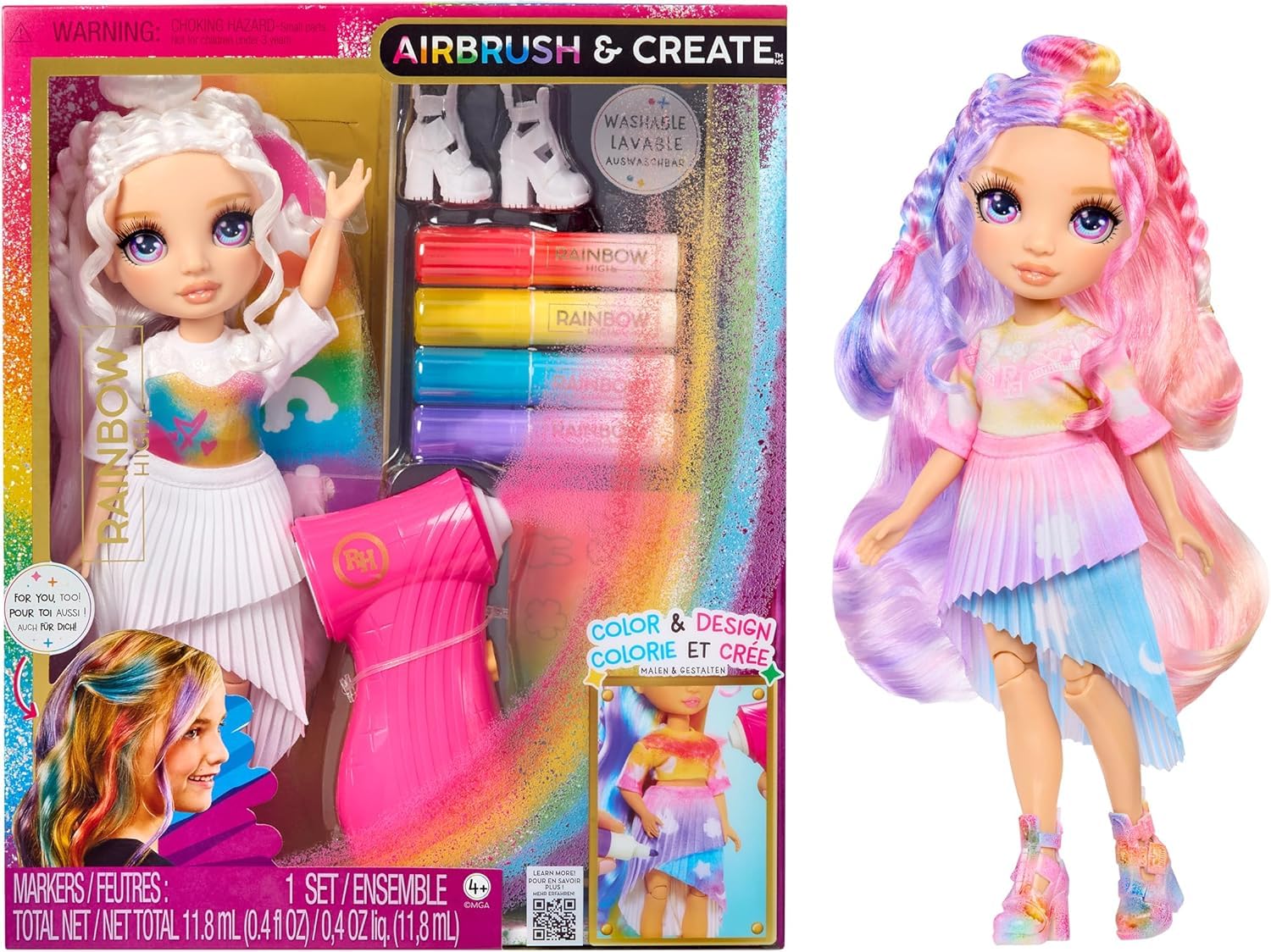 Rainbow High Air Brush & Create, 1 DIY Fashion Doll with Airbrush Market Kit, Washable Rainbow Markers, Long Hair