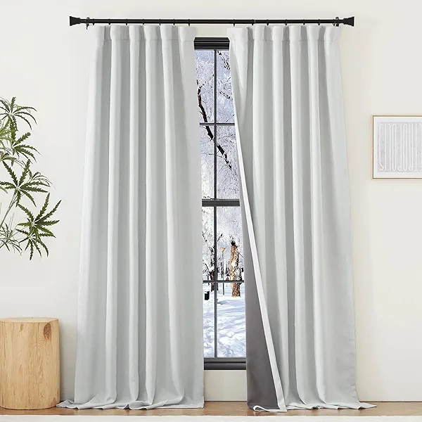 NICETOWN Faux Linen Greyish White 100% Blackout Curtains for Living Room, Pinch Pleated Curtains Thick Linen Blend Thermal Window Treatments Sound & Light Reducing for Bedroom, W50 x 96, 2 Panels