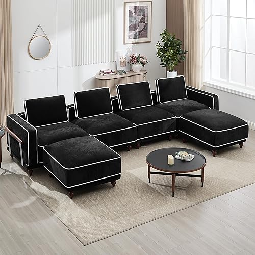 Miniatura 10 de Sofá modular en forma de L de 112 pulgadas con otomana móvil, sofá de nube de 3 plazas con 1 otomana para sala de estar, cómodos sofás de asiento