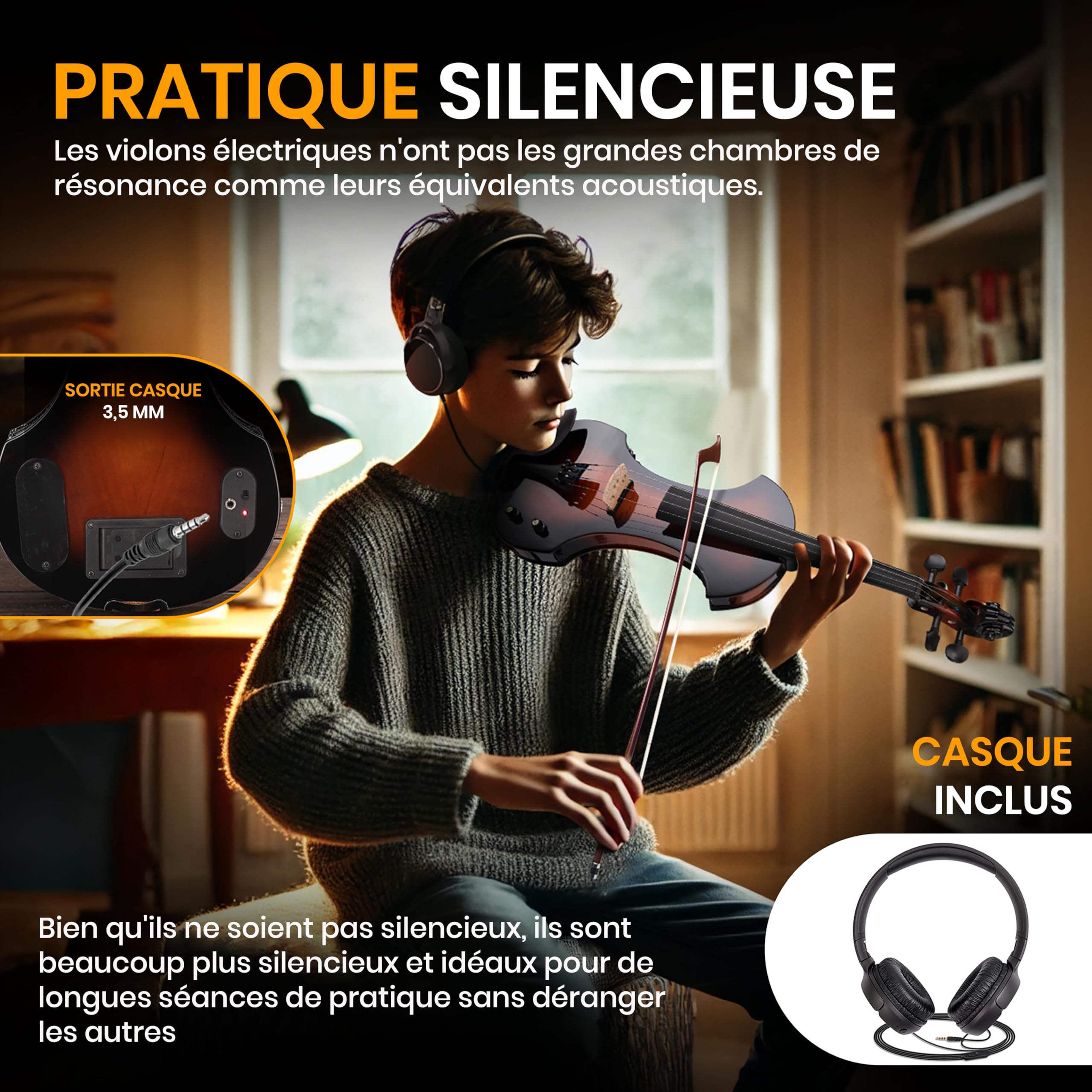 Pyle Violon 4/4 Adulte Électronique Silencieux avec Kit Amplificateur – Violon en Bois Massif avec Amplificateur 10W et Accessoires Complets-Instrument à Cordes Orchestral Taille Complète