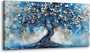 crmotu Tree of Life Large Wall Art for Living Room, Blue Tree Canvas Decor Paintings Abstract Art Prints, Neutral Navy Blue Pictures Wall Decor for Bedroom Bathroom Office Modern Home Decor 30"X60"