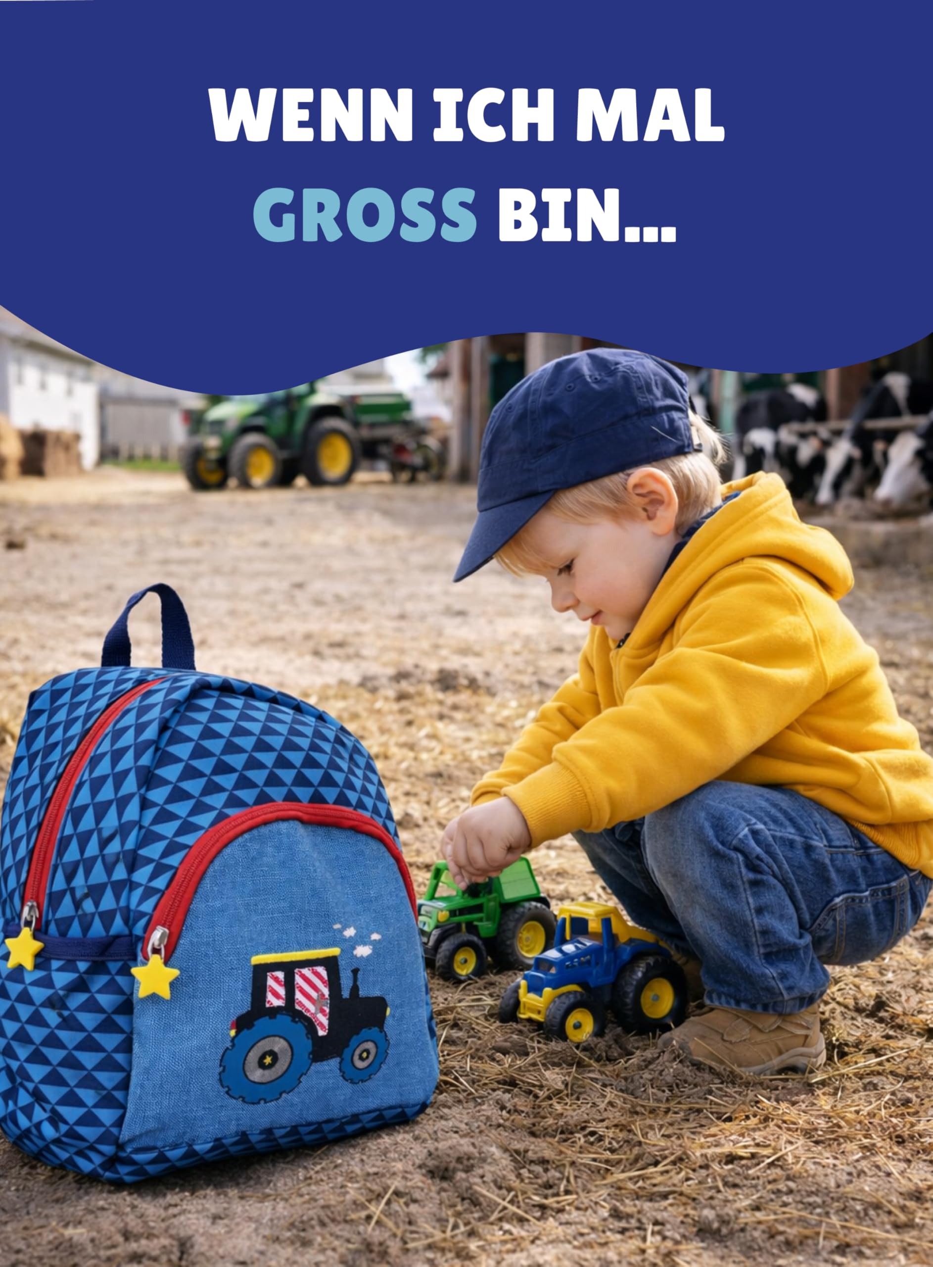Familando Spiegelburg Kindergarten Rucksack Set 4tlg. mit Turnbeutel, Brotdose und Trinkflasche Traktor Bulldog für Jungen und Mädchen
