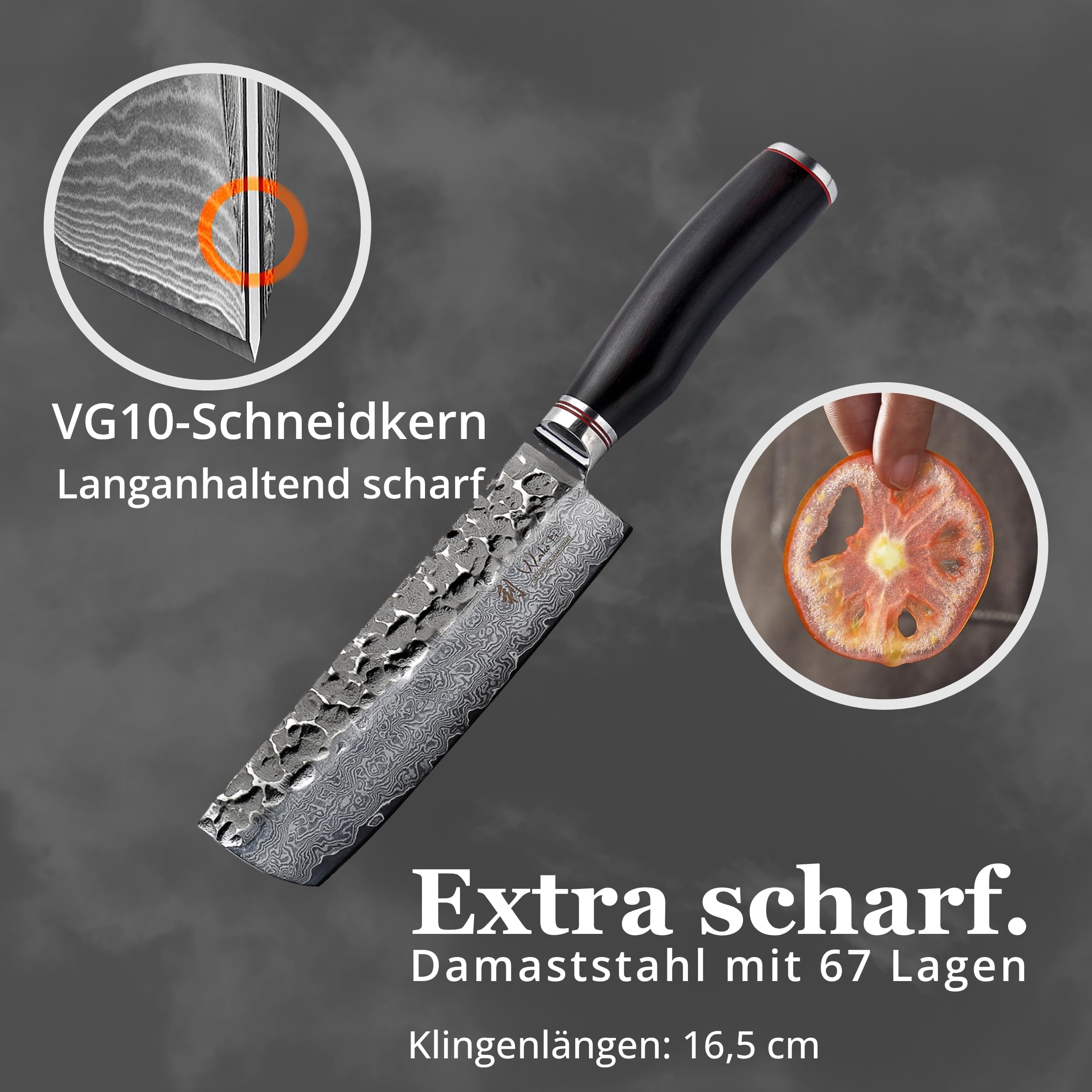 Wakoli EBO Nakirimesser mit 16,5 cm Klinge, 67 Lagen Damaststahl, VG10-Kern