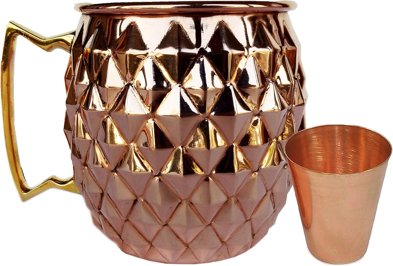 Rastogi Handicrafts Solid Copper Mugs with 2 Copper Shot Glass -Copper Moscow Mule Mug - Diamond Hammer Barrel Cups - Cocktail Cups/Glasses Set of 4 mug
