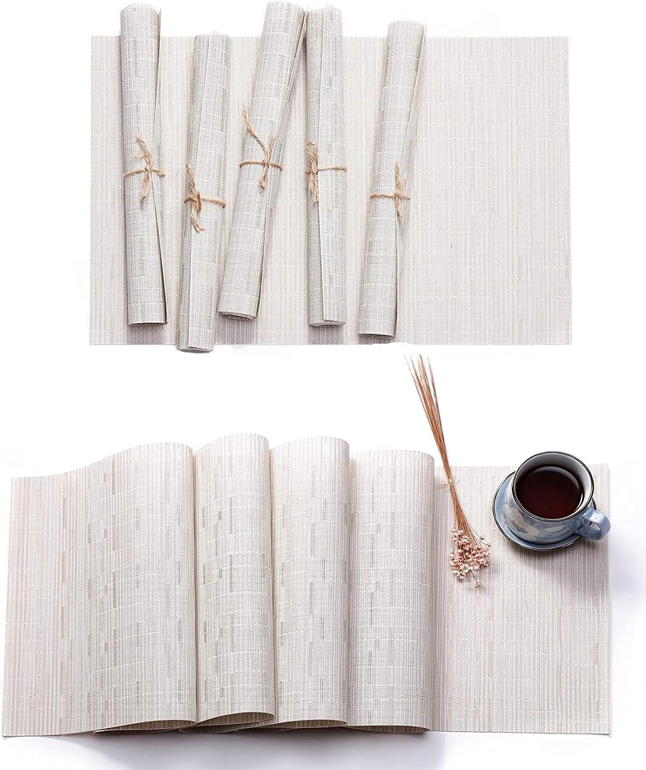 Black Friday - 50% OFF HYSENM Bamboo Pattern 6 Pcs 18x12'' Vinyl Placemats Heat and Stain Resistance 71'' Long Table Runner PVC Waterproof Table Mats,White,1xTable Runner + 6Pcs Placemats Best Deal HYSENM Bamboo Pattern 6 Pcs 18x12'' Vinyl Placemats Heat and Stain Resistance 71'' Long Table Runner PVC Waterproof Table Mats,White,1xTable Runner + 6Pcs Placemats