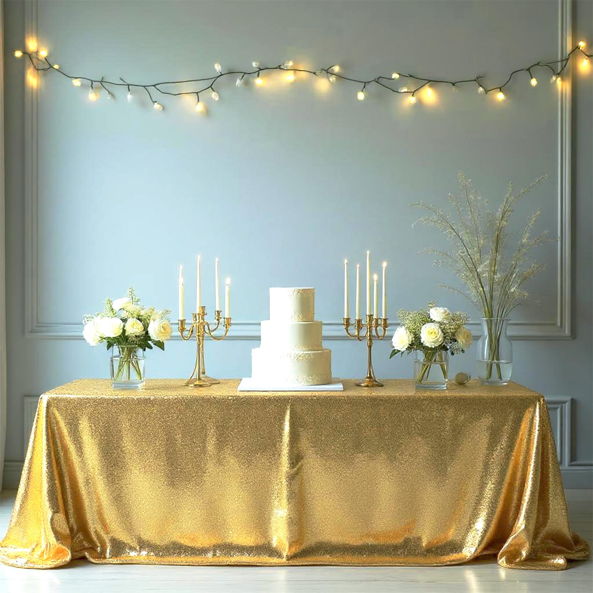 WedDecor Sequin Tablecloth 70" x 108" Rectangle Shiny Glitter Champagne Table Cover For Birthdays, Wedding, Banquets, Reception, Dining Party, Baby Shower, Table Decorations, Pack of 10