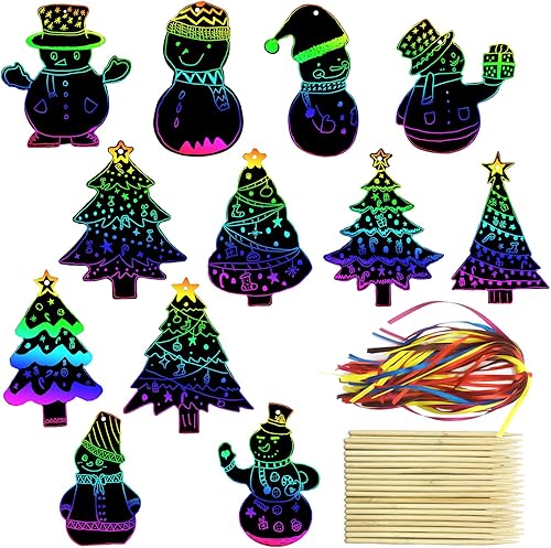 PARSUP 96 piezas de árbol de Navidad, muñeco de nieve, papel para rascar, color arcoíris, adornos para rascar, decoraciones de Navidad, kits de arte