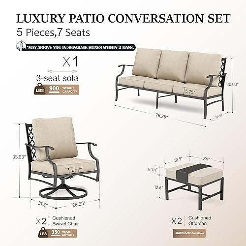 Miniatura 6 de HERA'S HOUSE Juego de muebles de patio de 5 piezas, 2 sillas giratorias, 2 otomanas, 1 sofá de 3 asientos, juego de conversación al aire libre