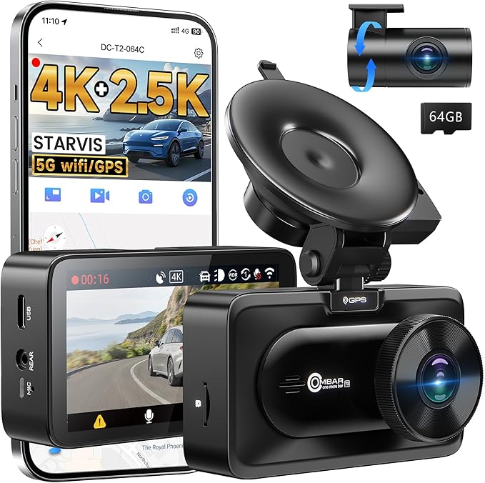 OMBAR Dash Cam Front and Rear, 4K/2.5K Ultra HD Dash Camera for Cars, Included 64GB Card, Built-in 5G Wi-Fi & GPS, 3.16” IPS Screen, Night Vision, 170°Wide Angle, HDR, 24H Parking Mode(T2)