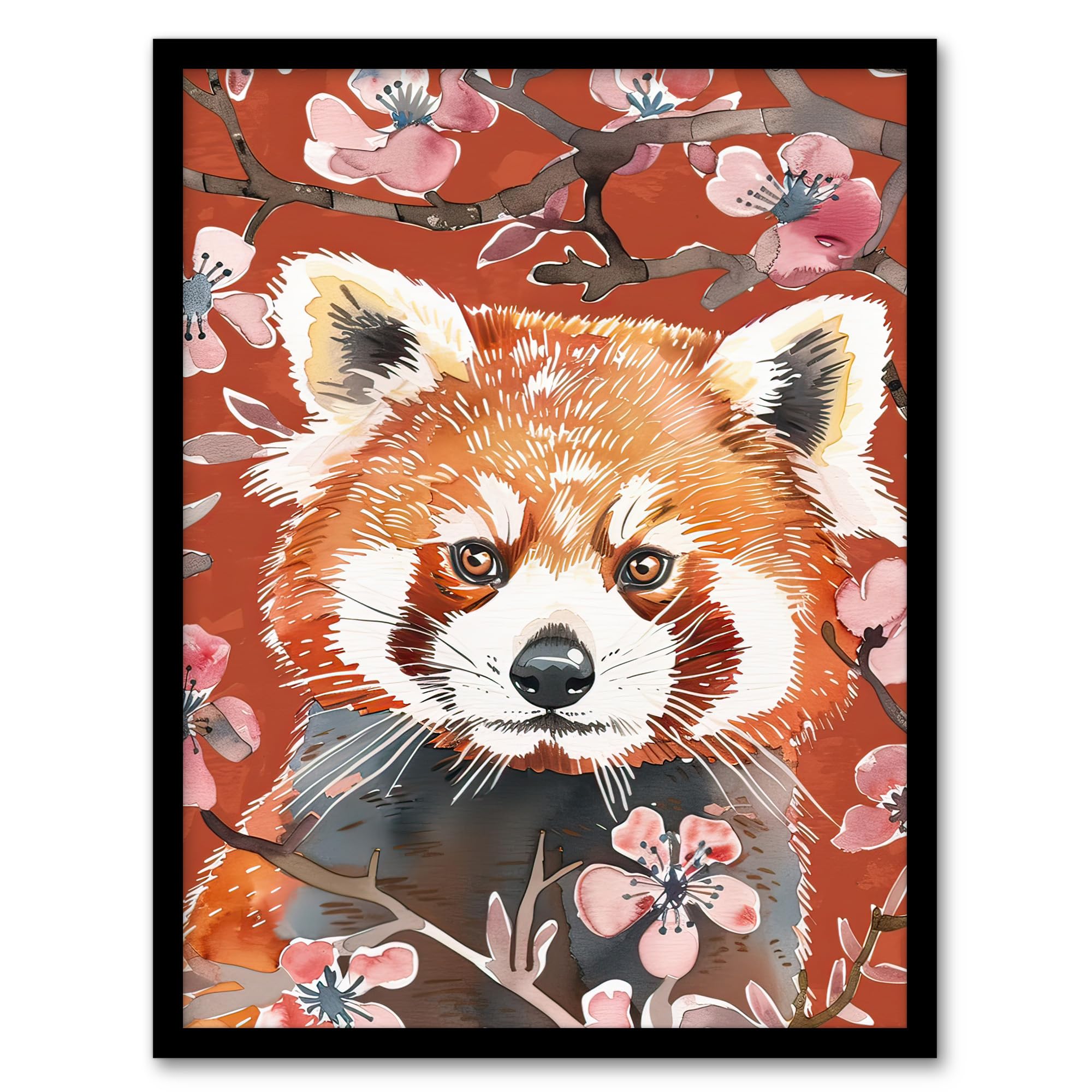 Artery8 Red Panda Cherry Blossom Tree Branch Watercolour Living Room Artwork Framed Wall Art Print 18X24 Inch