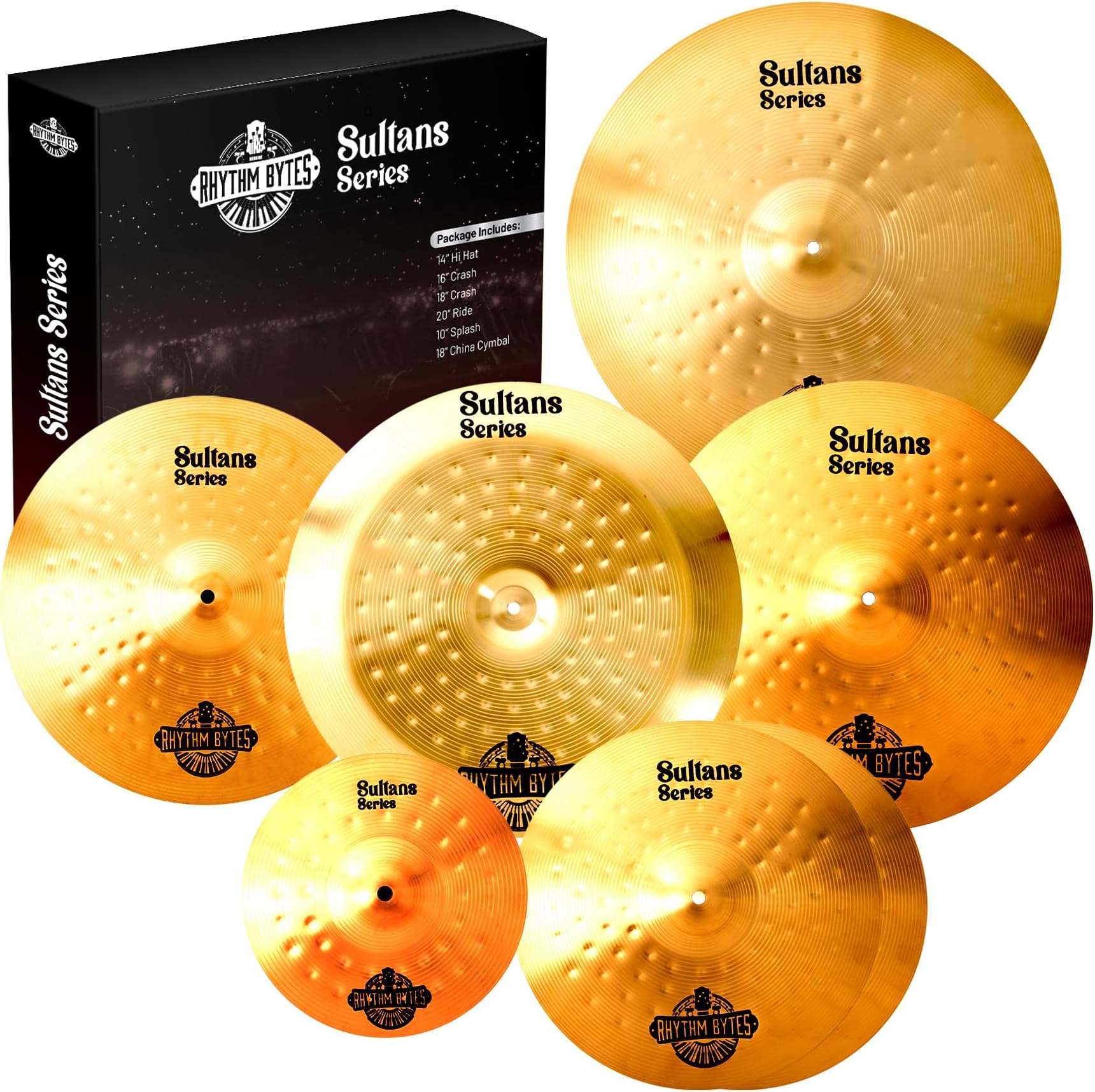 Cymbal Set - New Sultans Series | Complete 7-pcs Drums Set Cymbal Pack Includes 14" Hi-Hats, 16" Fast Crash, 18" Crash, 20" Ride, 10" Splash, 18" China