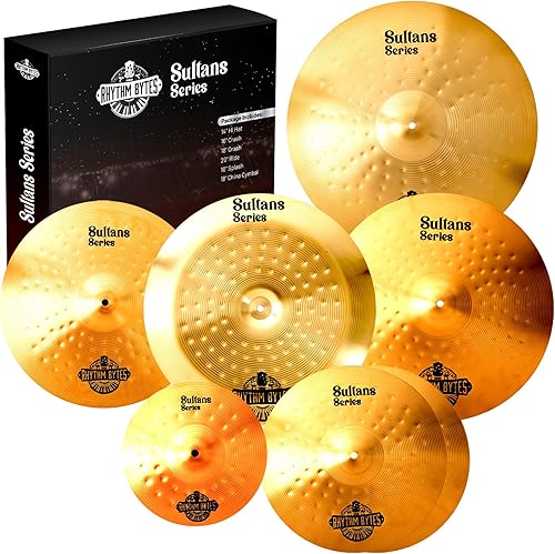 Rhythm Bytes Juego de platillos para batería  El paquete de 7 platillos de la serie Sultans incluye sombrero alto de 14 pulgadas, choque de 16