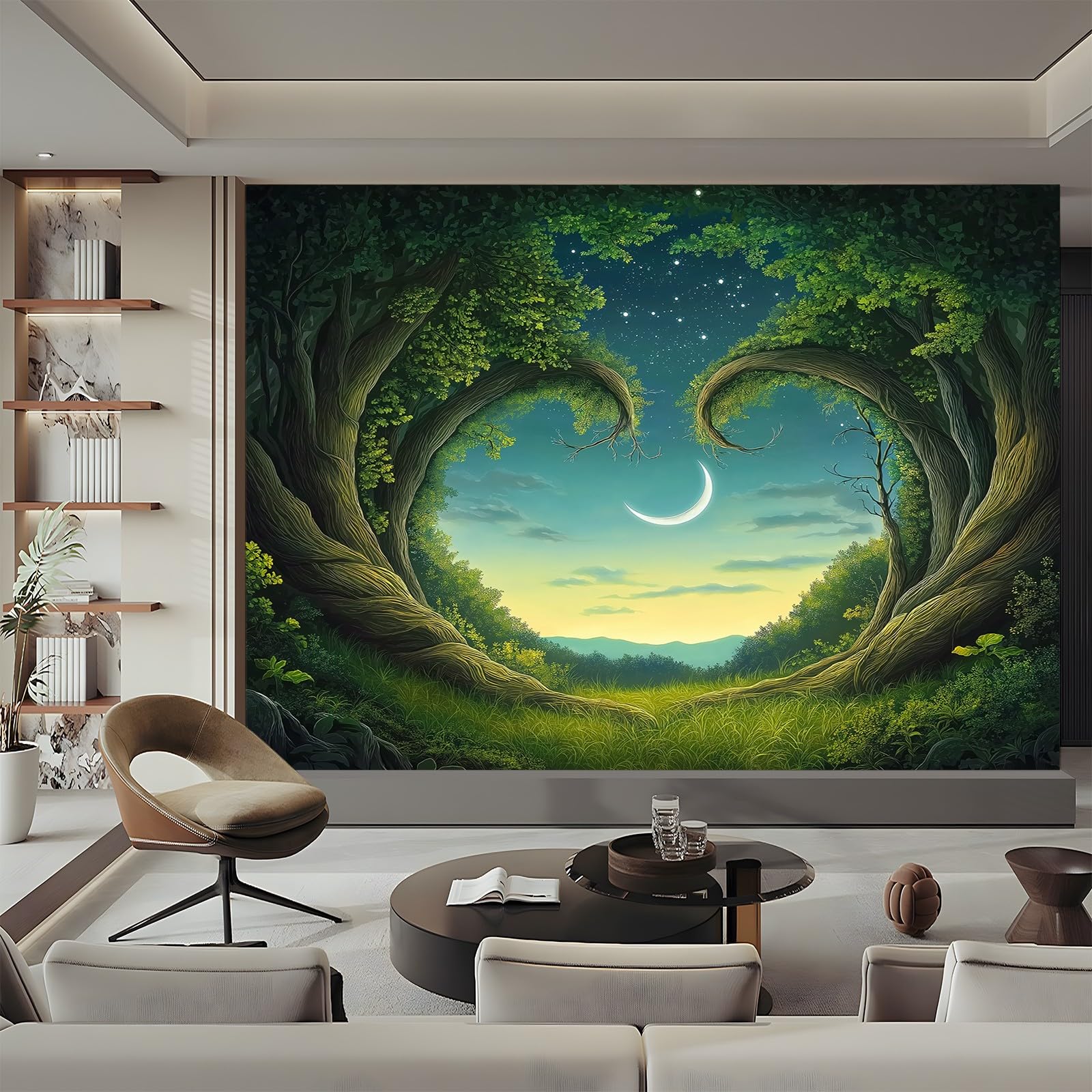Panoramiczna tapeta las księżyc zielony niebieski 200 x 140 cm (szer. x wys.), tapeta 3D duże ściany plakat do salonu, pokoju dziecięcego dla dorosłych tapeta z włókniny do sypialni